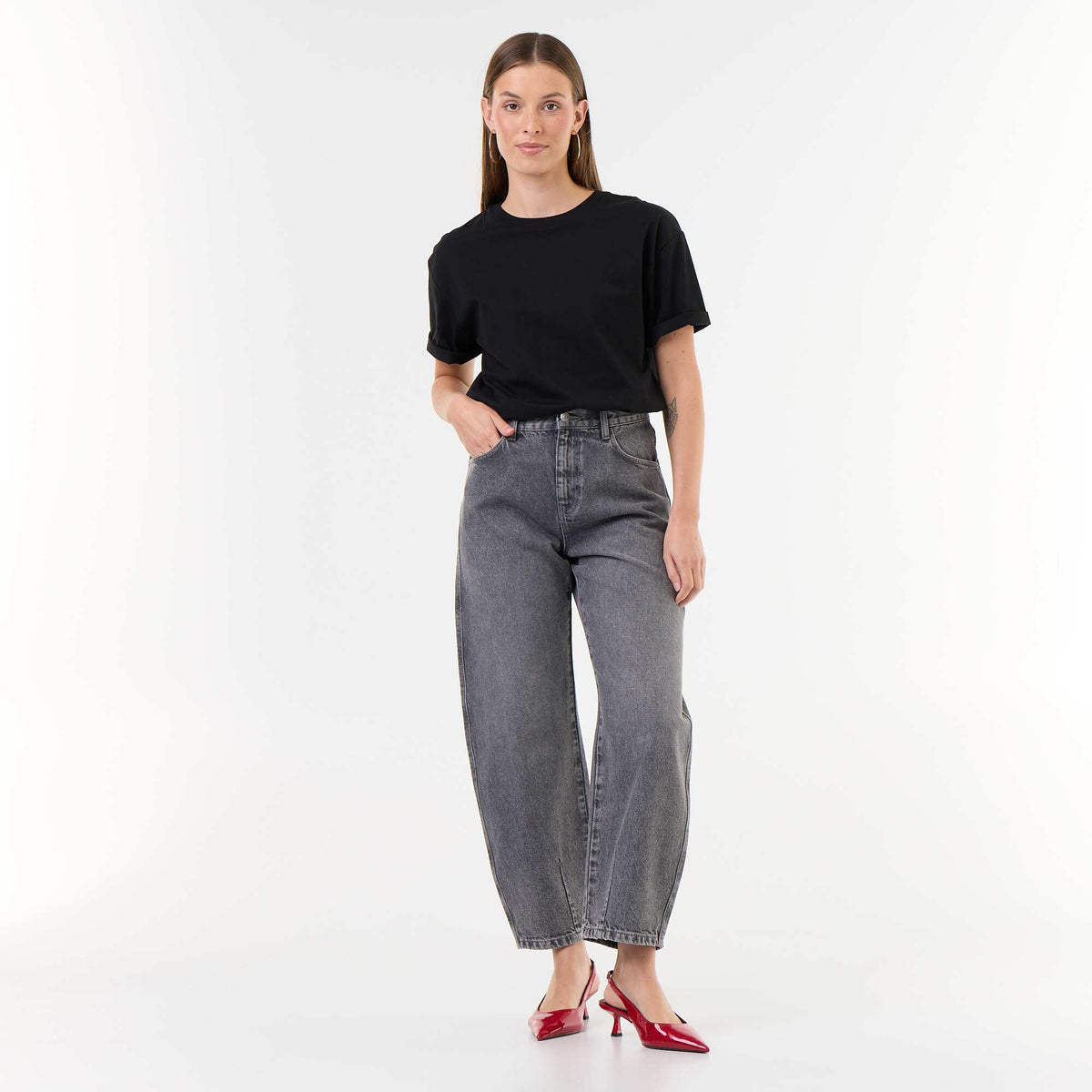 Wide barrel-leg denim pants GREY