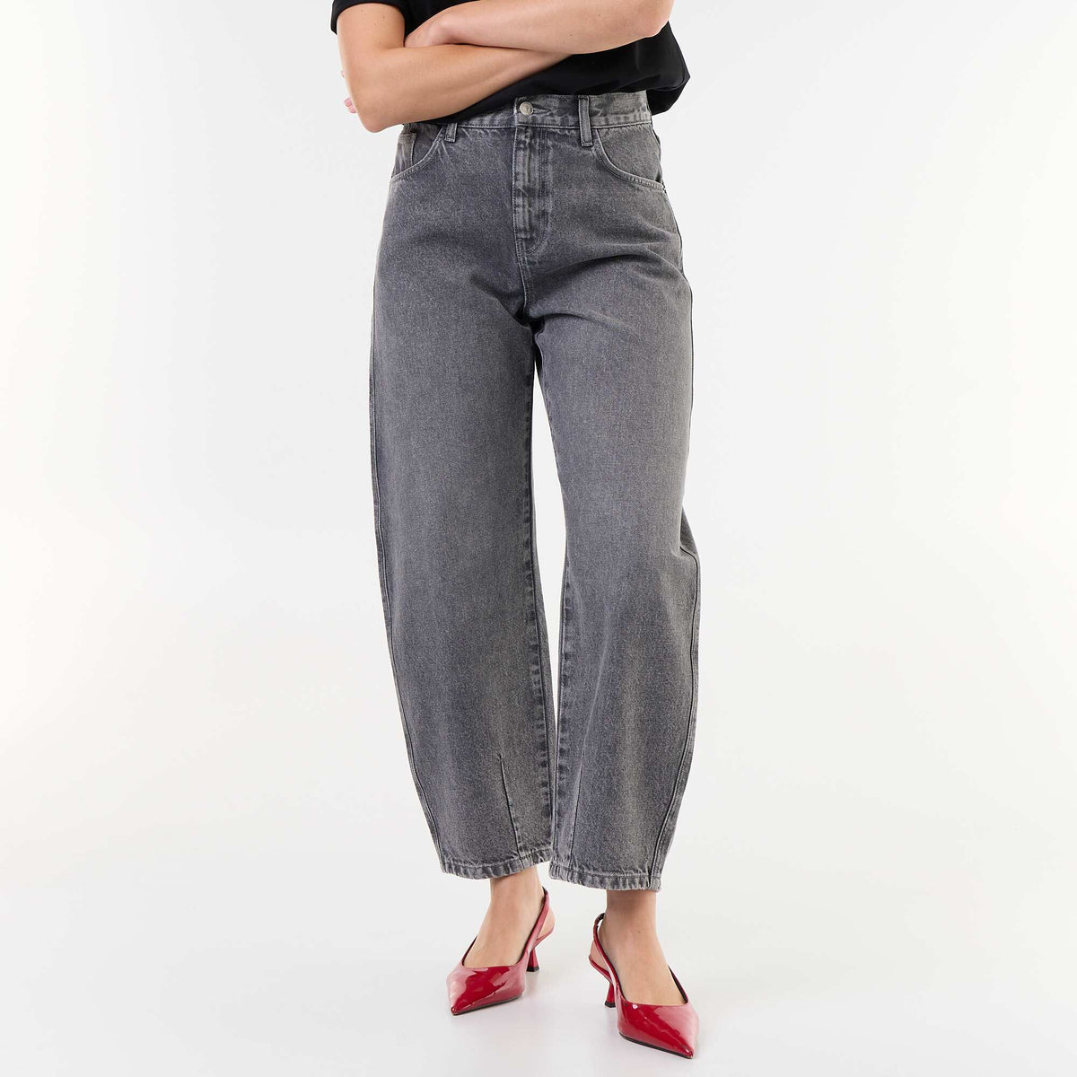Wide barrel-leg denim pants GREY