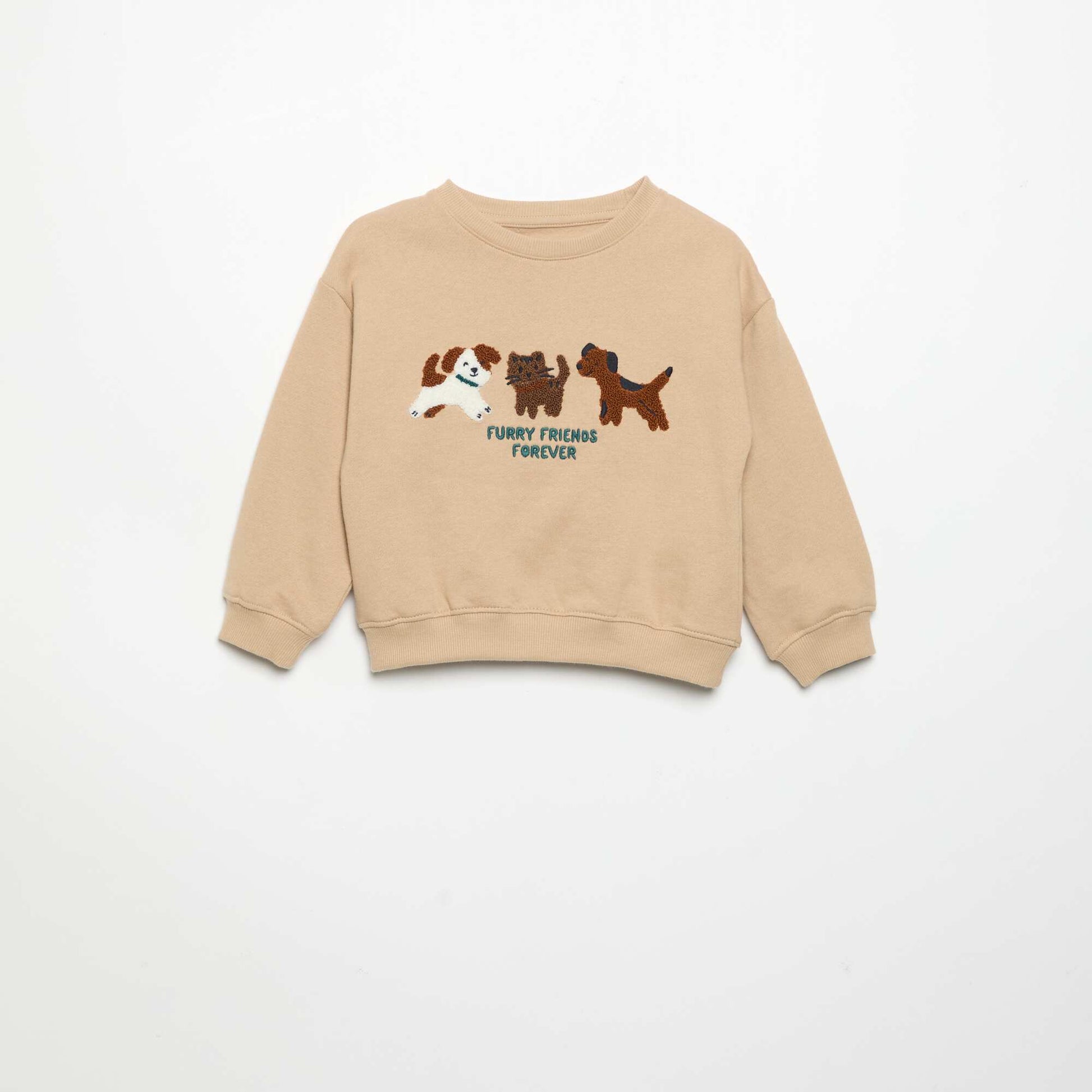 Long-sleeved fleece sweatshirt with playful design BEIGE