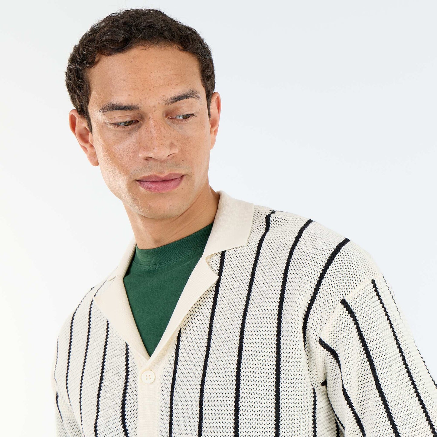 Short-sleeved openwork knit shirt BEIGE