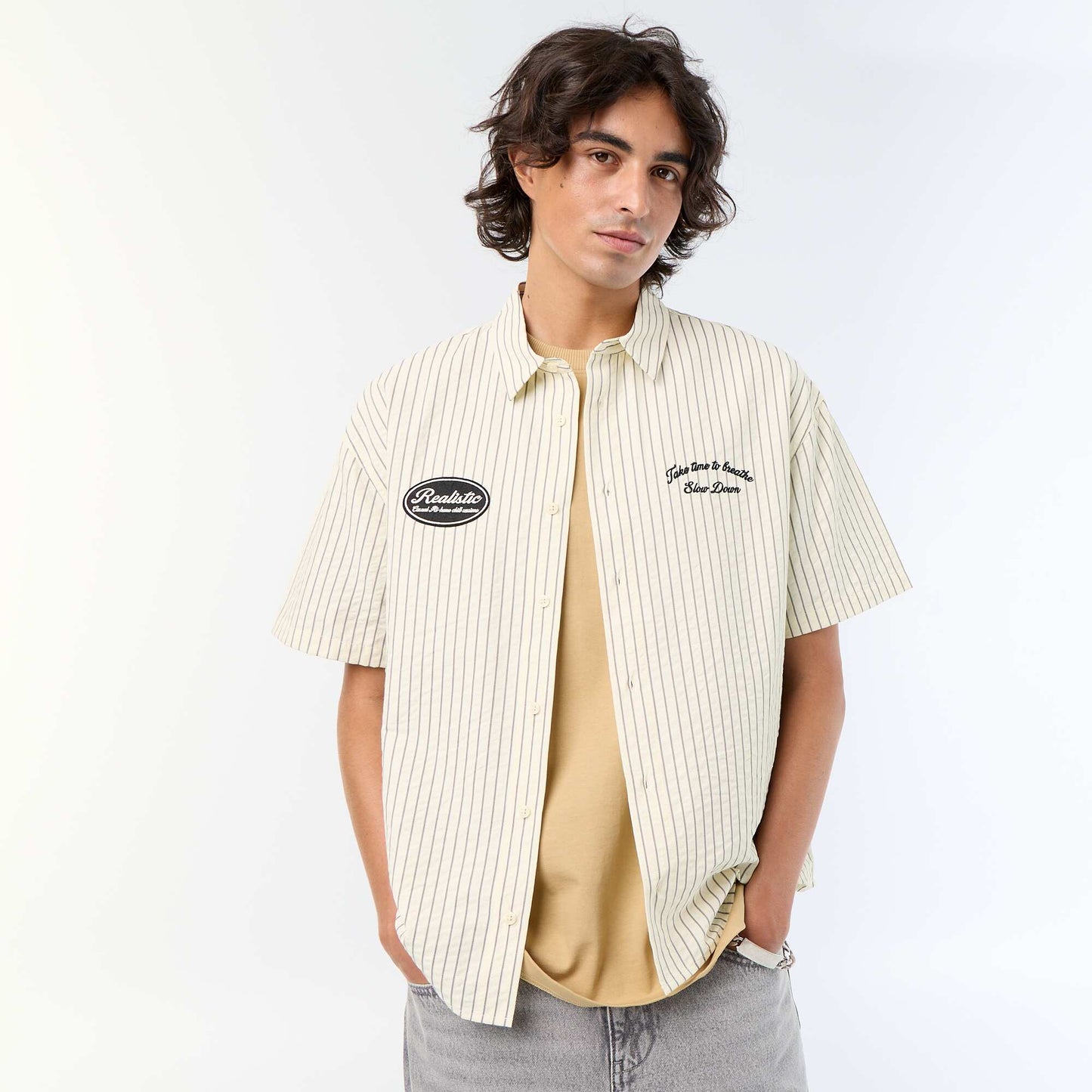 Short-sleeved shirt with embroidery BEIGE
