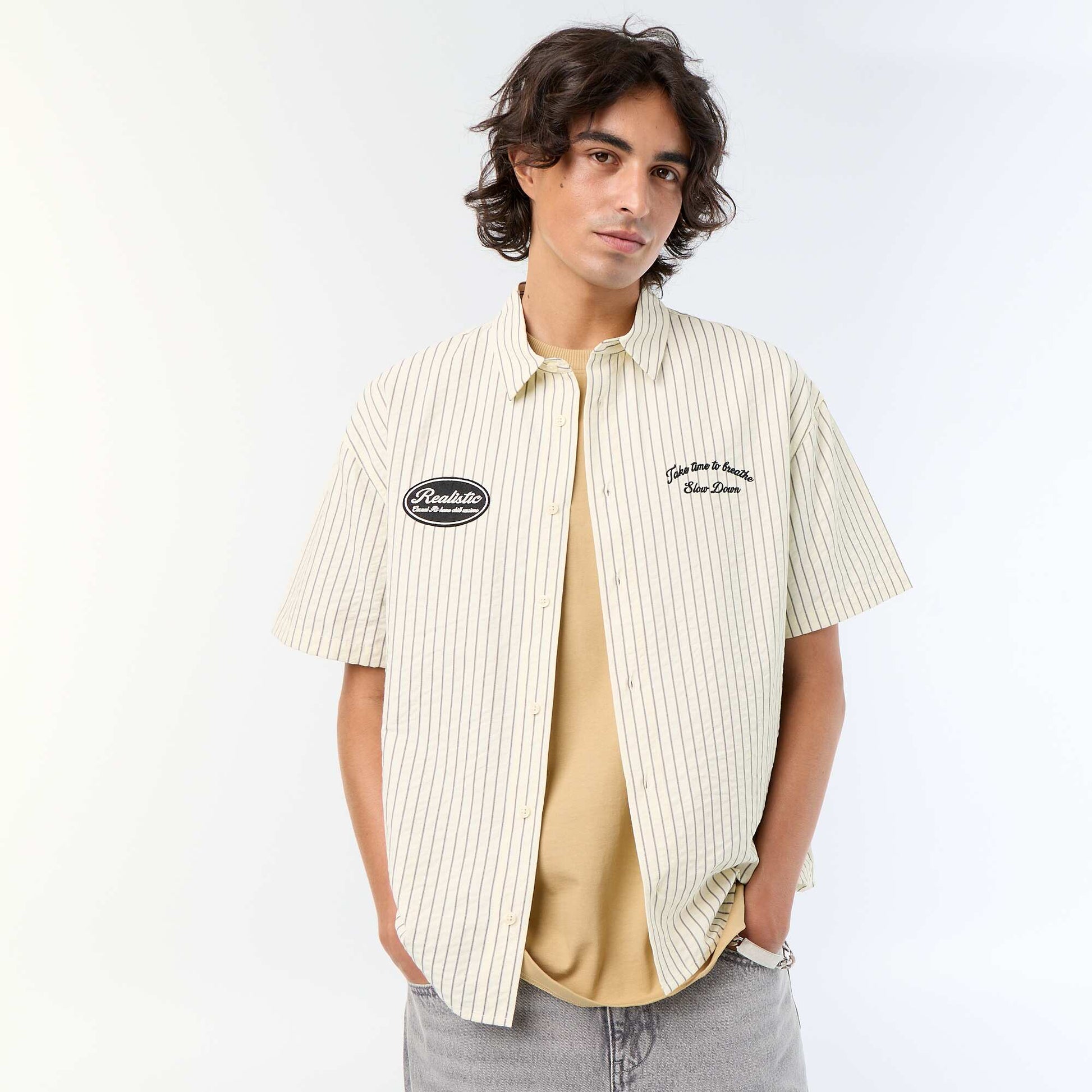 Short-sleeved shirt with embroidery BEIGE