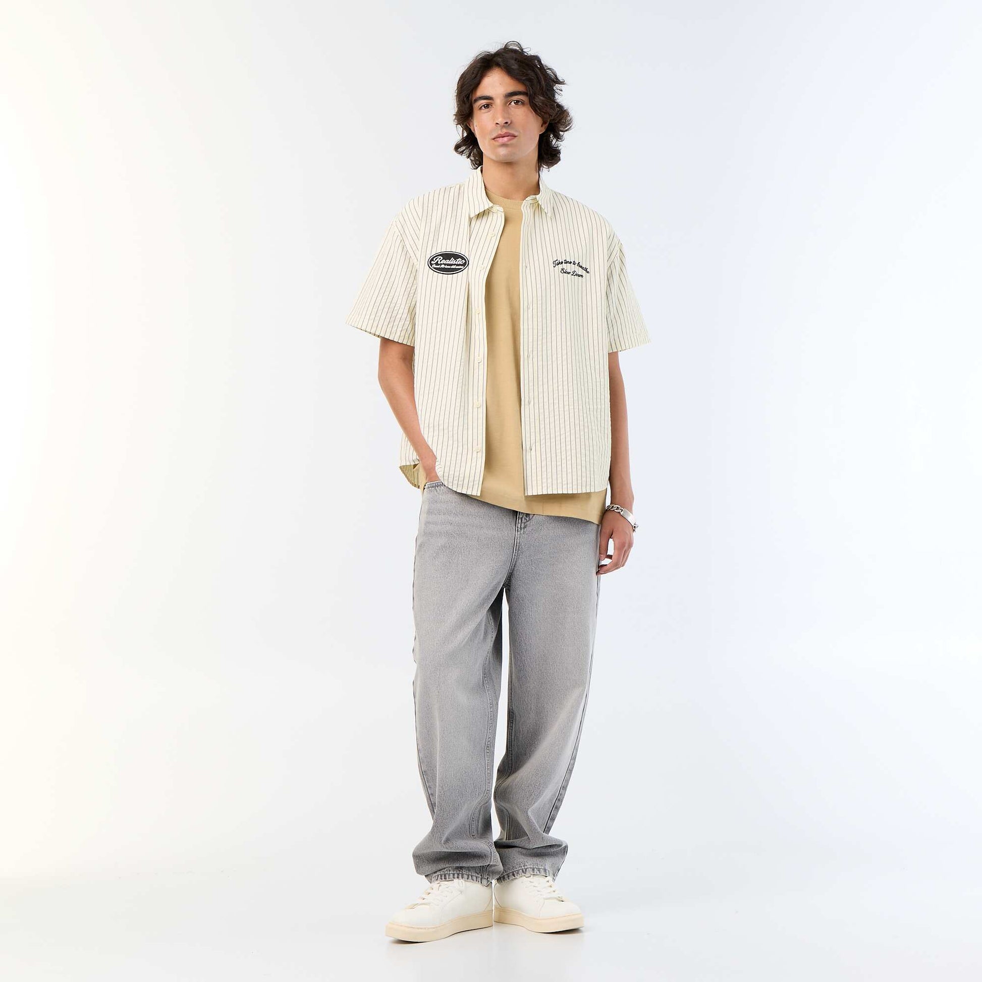 Short-sleeved shirt with embroidery BEIGE