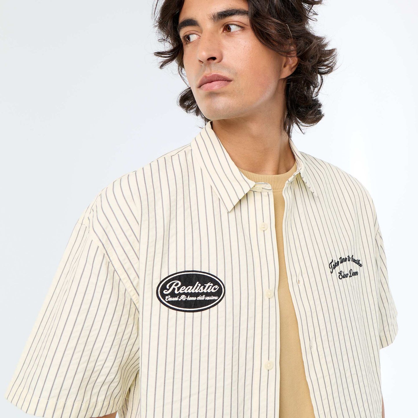 Short-sleeved shirt with embroidery BEIGE