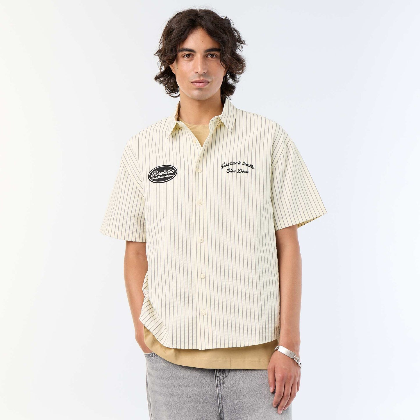 Short-sleeved shirt with embroidery BEIGE