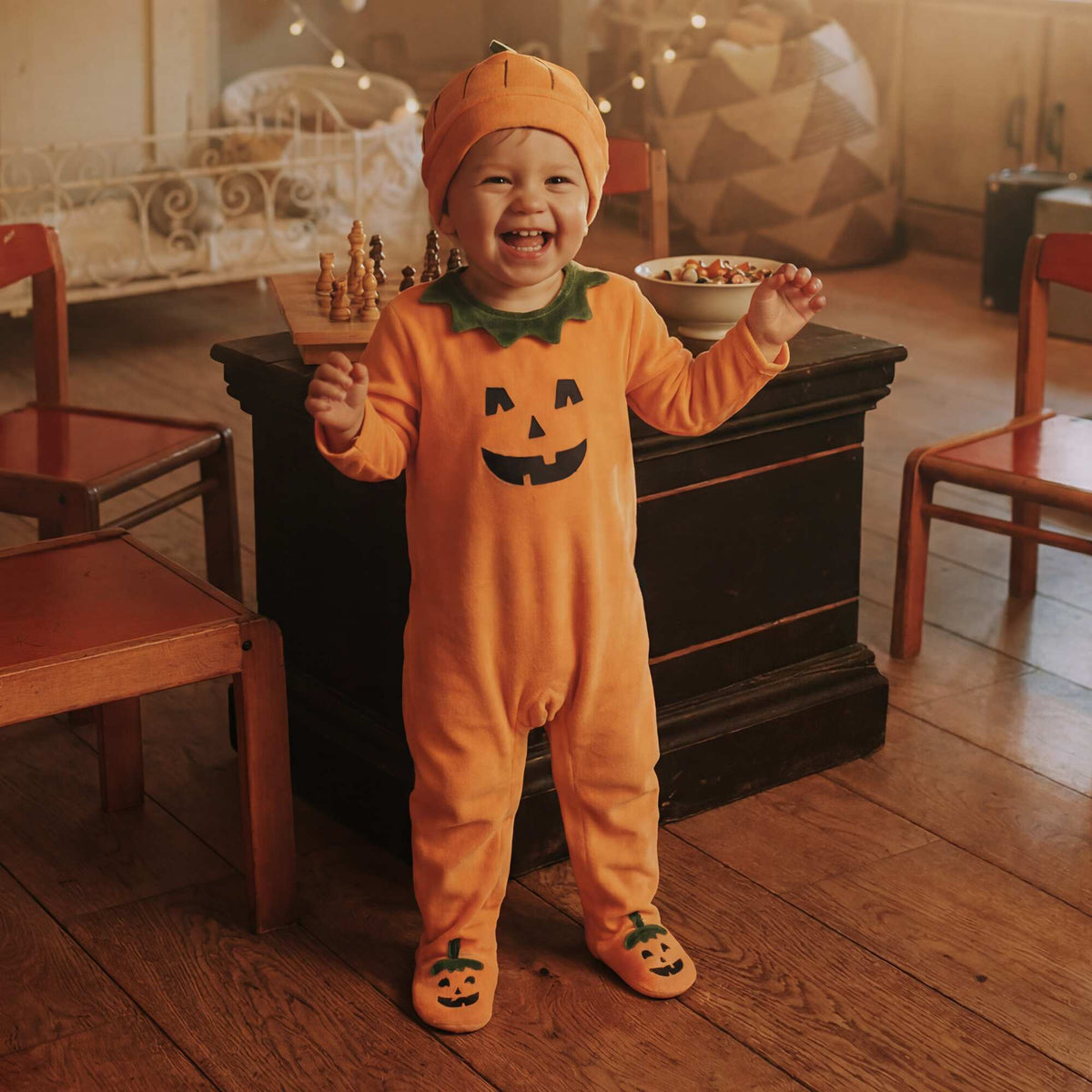 Halloween Velvet 2-Piece Sleepsuit Set with Hat ORANGE