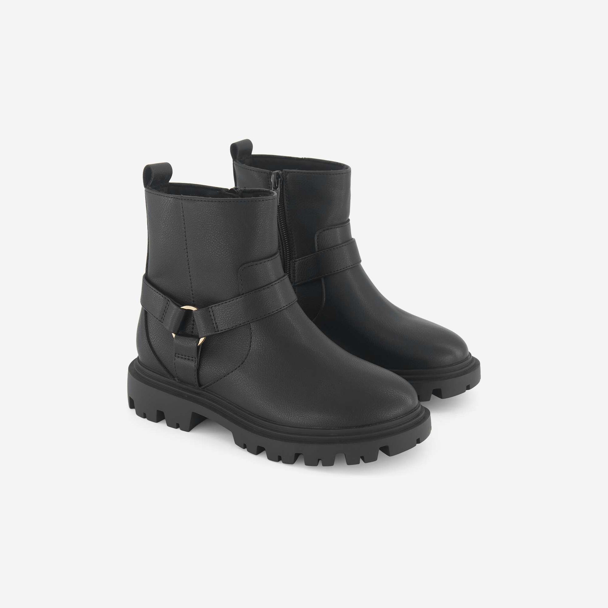 Faux Leather Boots with Decorative Straps BLACK