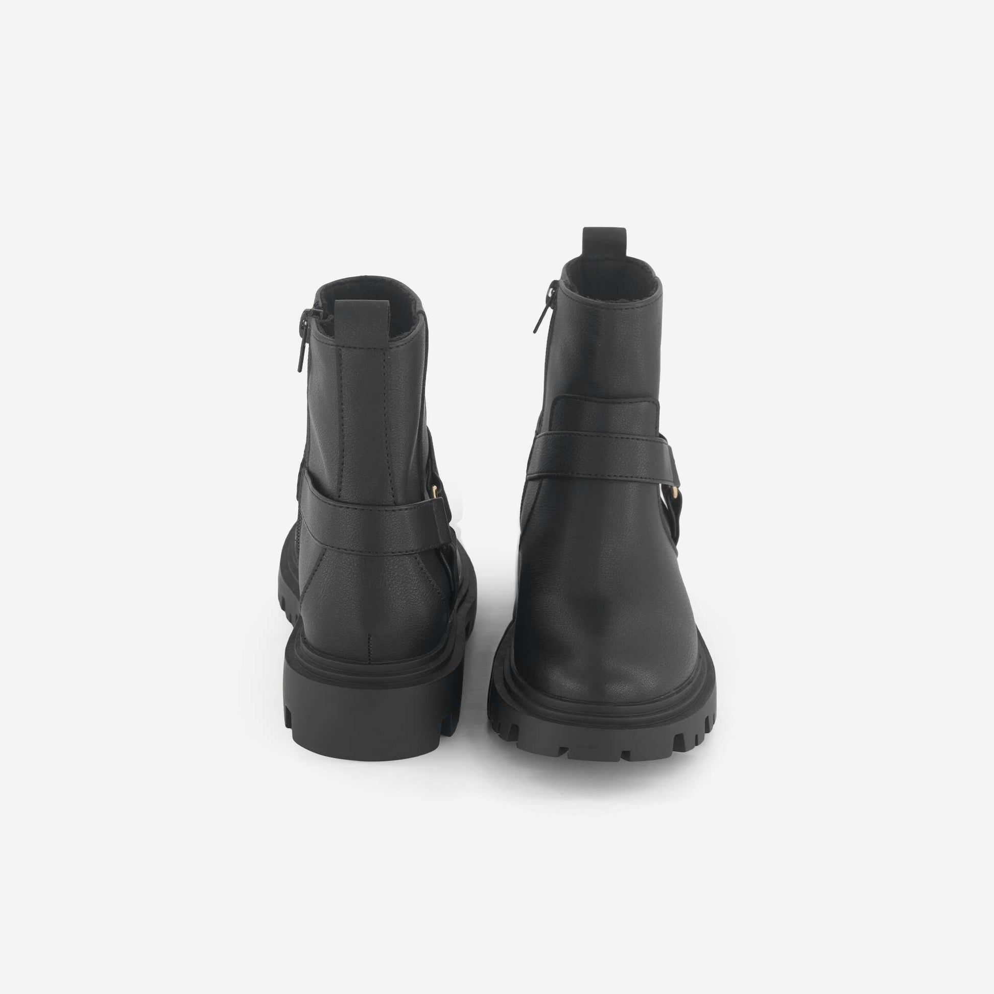 Faux Leather Boots with Decorative Straps BLACK
