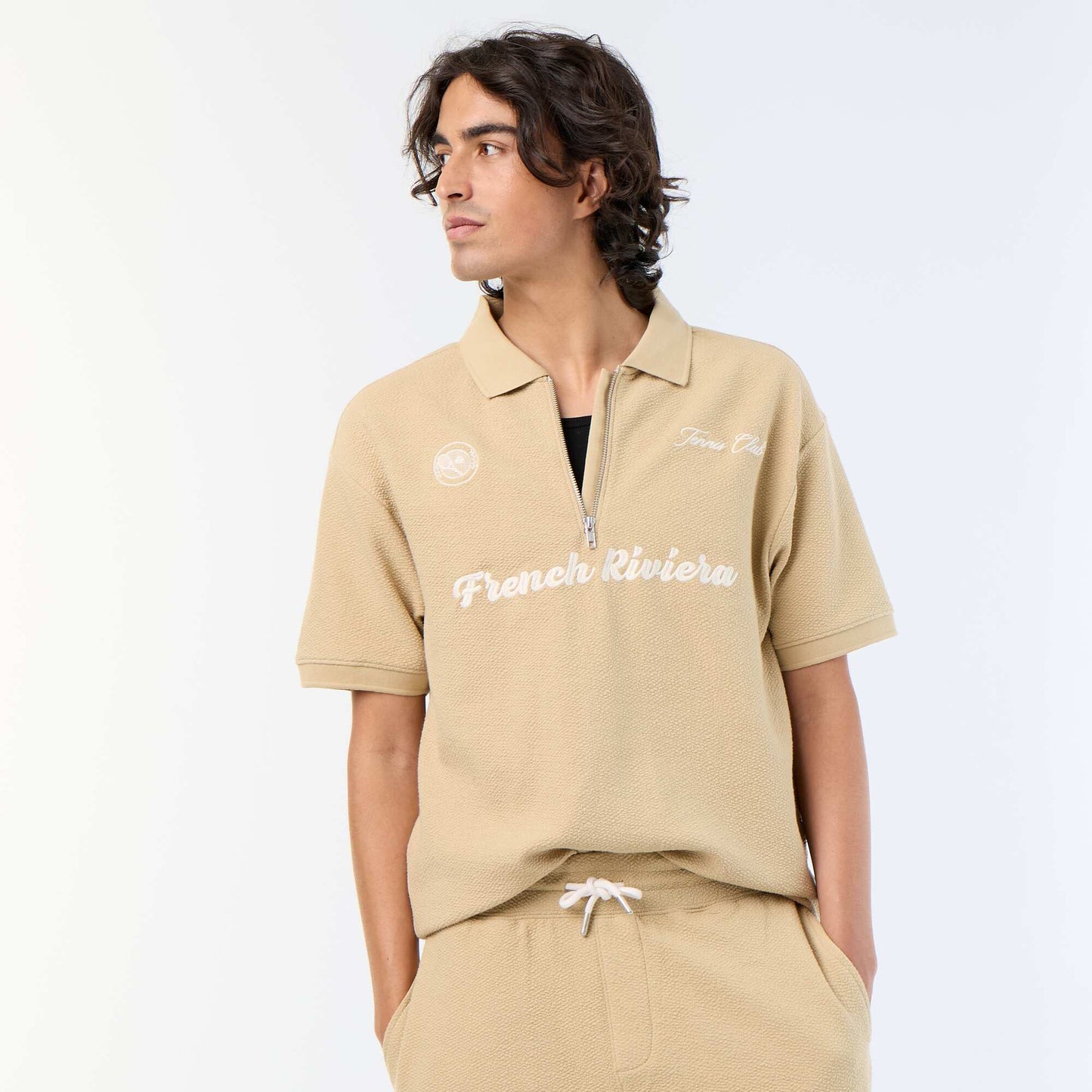 Textured Short-Sleeved Polo Shirt BEIGE