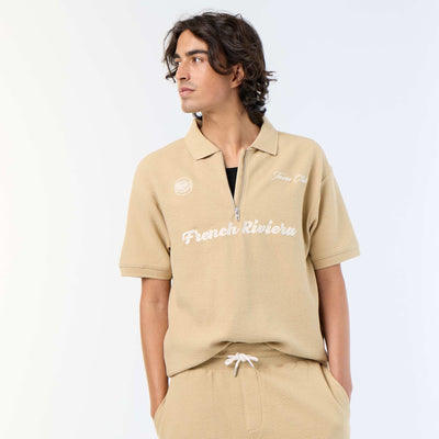 Textured Short-Sleeved Polo Shirt BEIGE