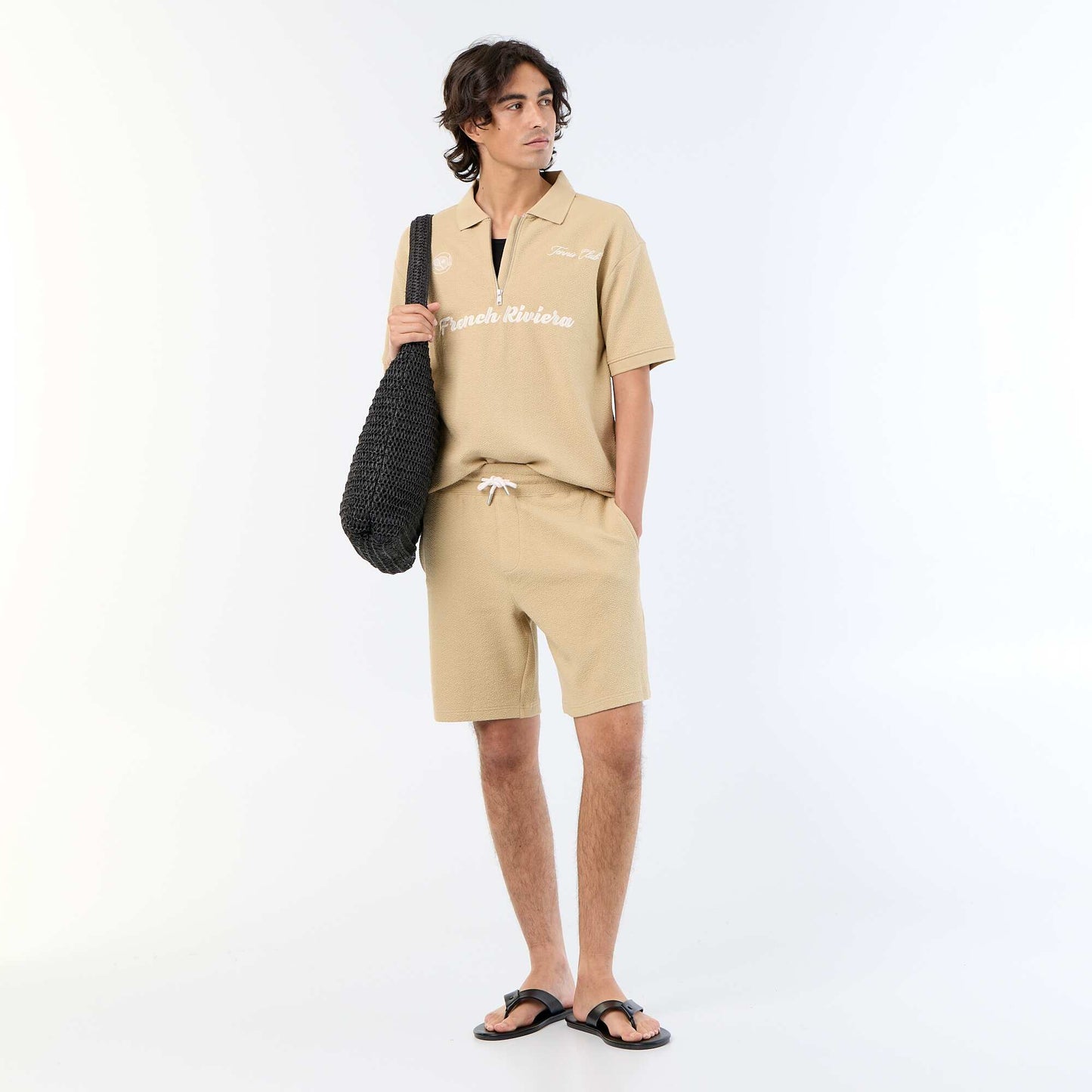 Textured Short-Sleeved Polo Shirt BEIGE