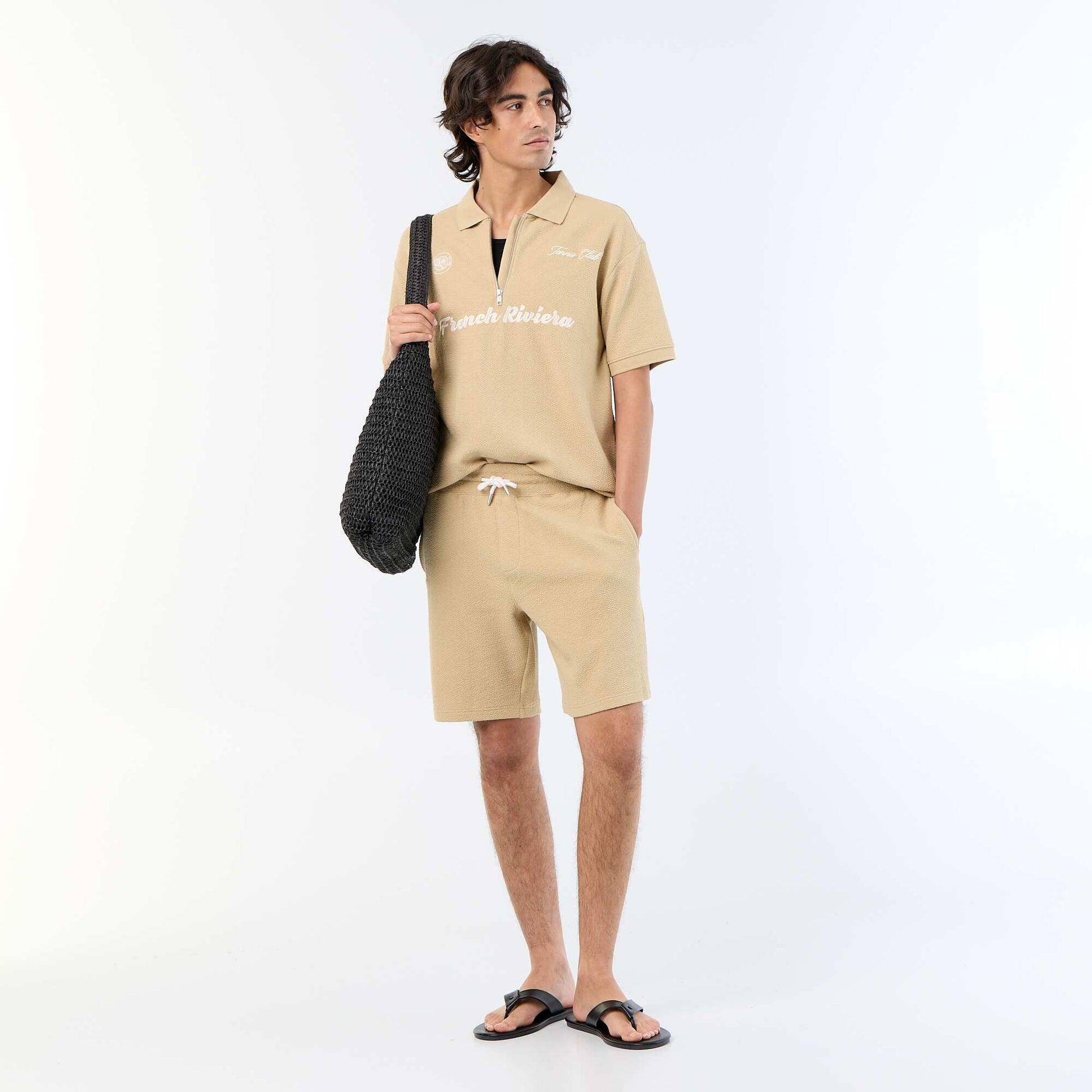 Textured Short-Sleeved Polo Shirt BEIGE