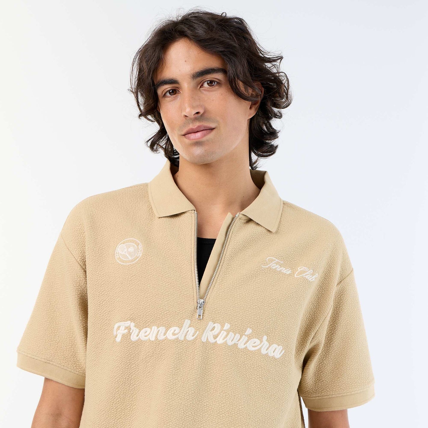 Textured Short-Sleeved Polo Shirt BEIGE