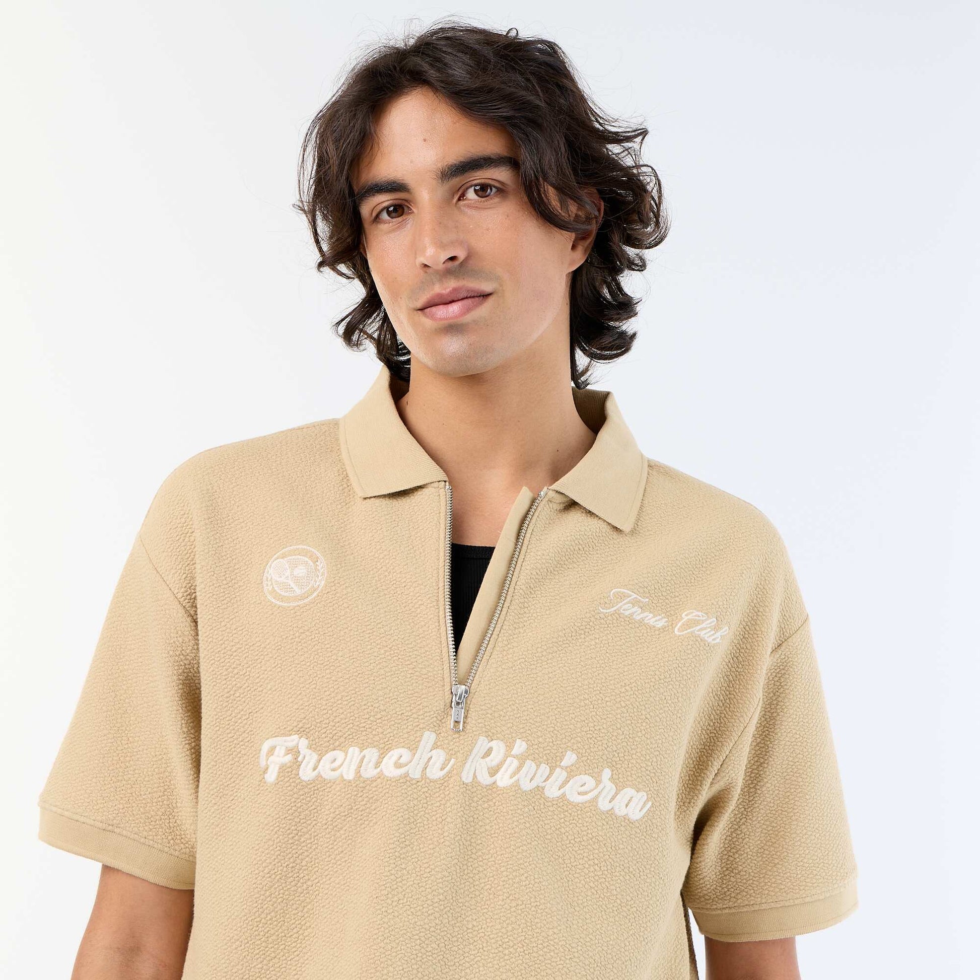 Textured Short-Sleeved Polo Shirt BEIGE