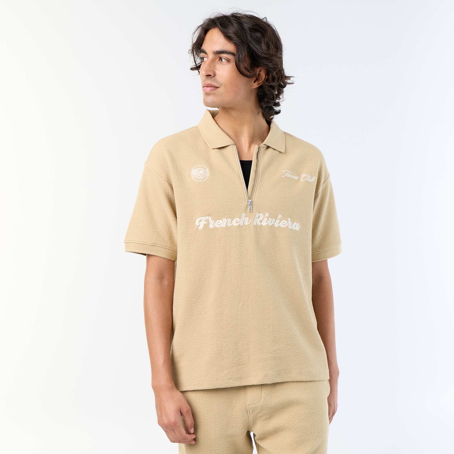 Textured Short-Sleeved Polo Shirt BEIGE