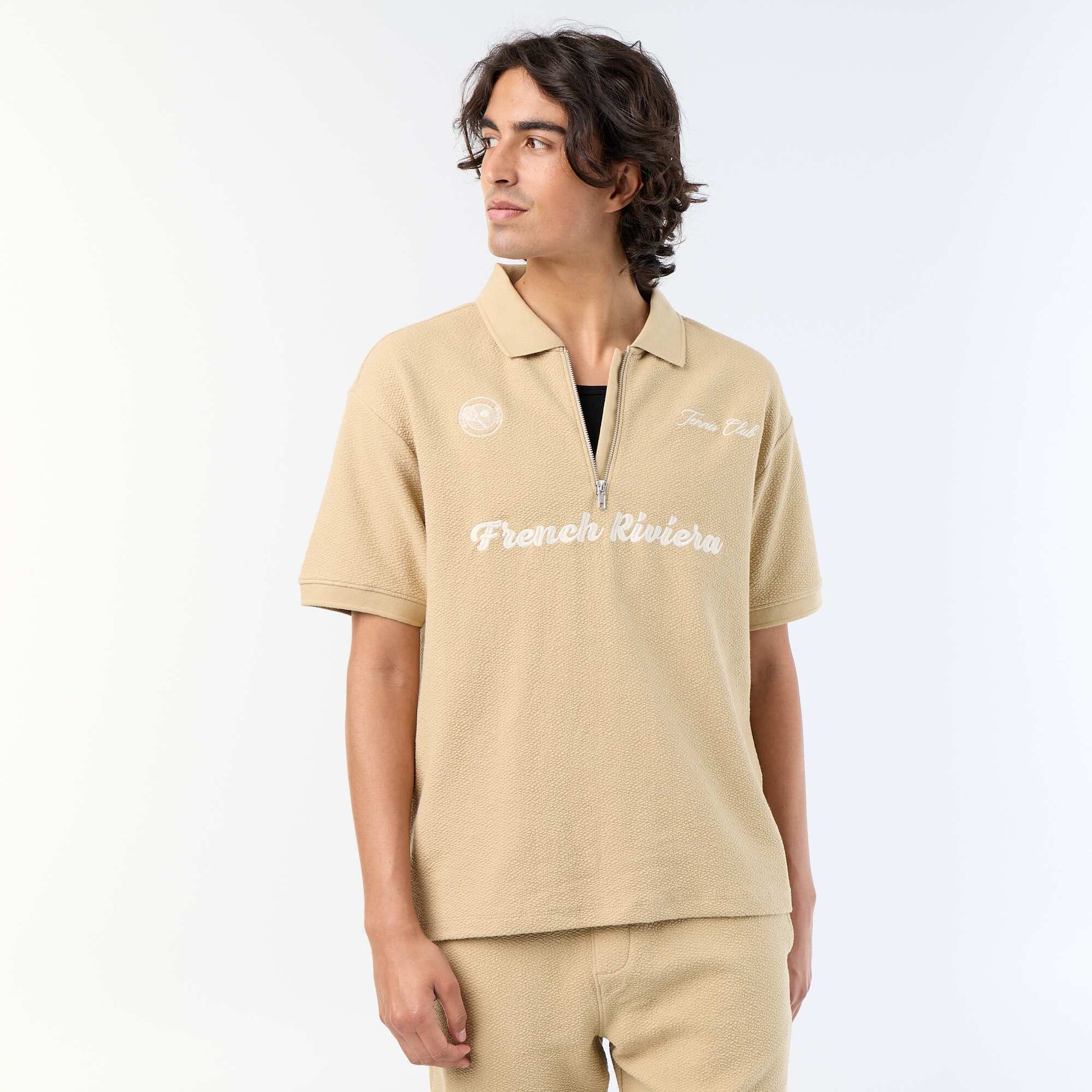 Textured Short-Sleeved Polo Shirt BEIGE