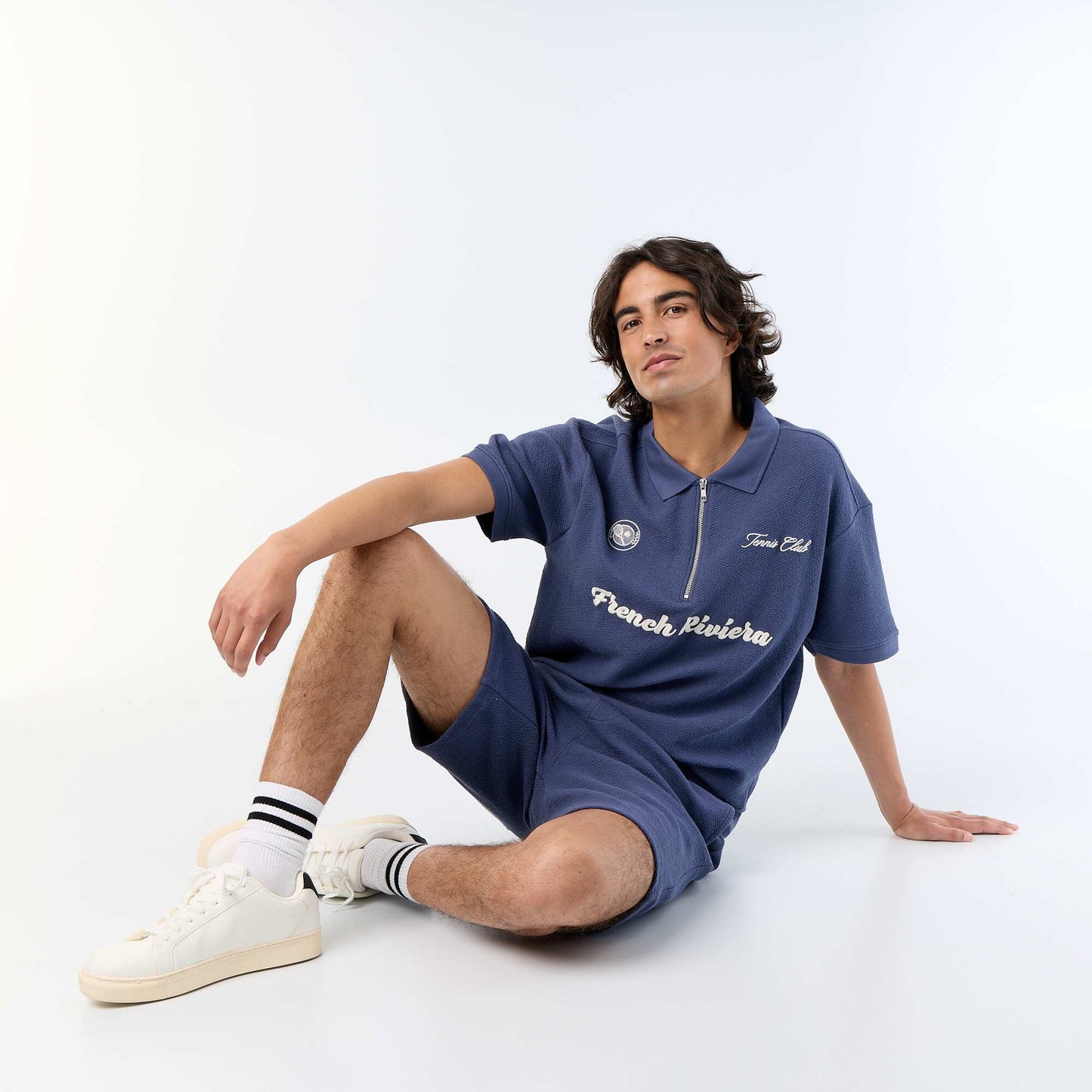 Textured Short-Sleeved Polo Shirt BLUE