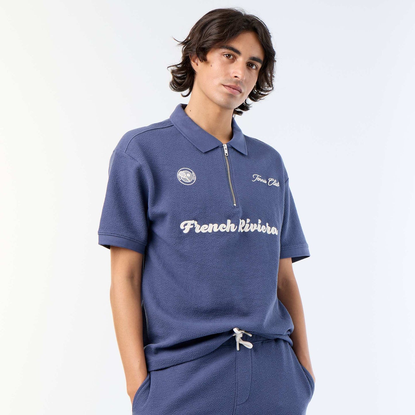 Textured Short-Sleeved Polo Shirt BLUE
