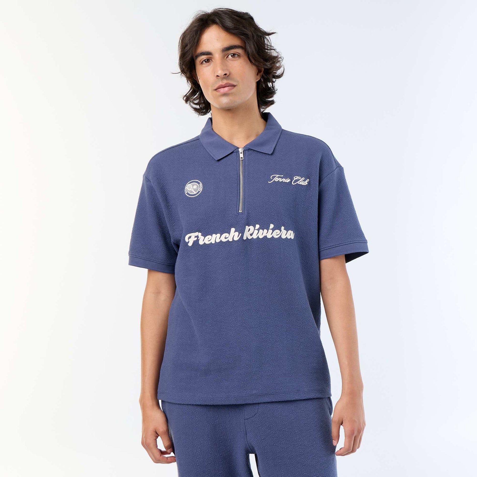 Textured Short-Sleeved Polo Shirt BLUE