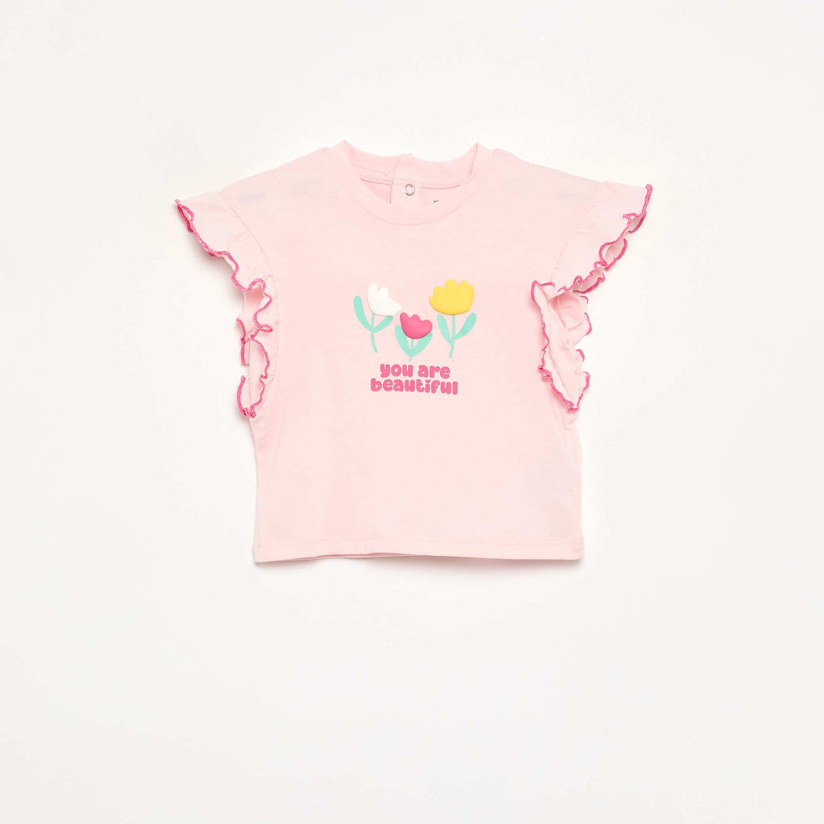 Short-sleeved T-shirt with ruffled shoulders PINK