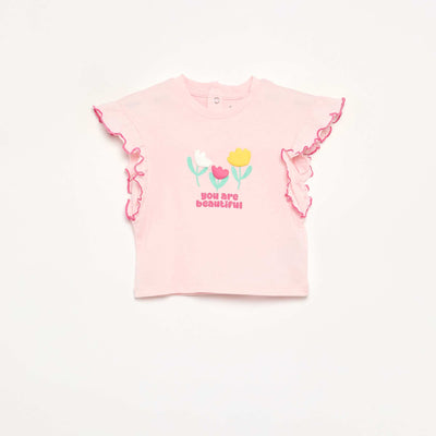 Short-sleeved T-shirt with ruffled shoulders PINK