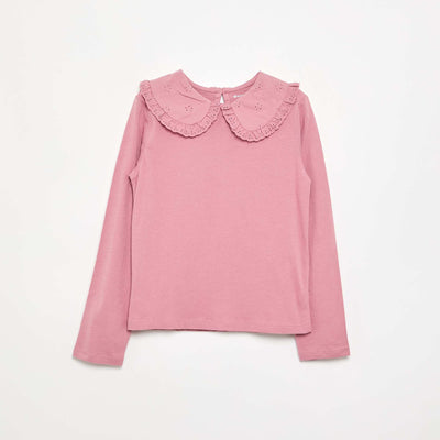 Long-sleeved T-shirt with broderie anglaise collar PINK