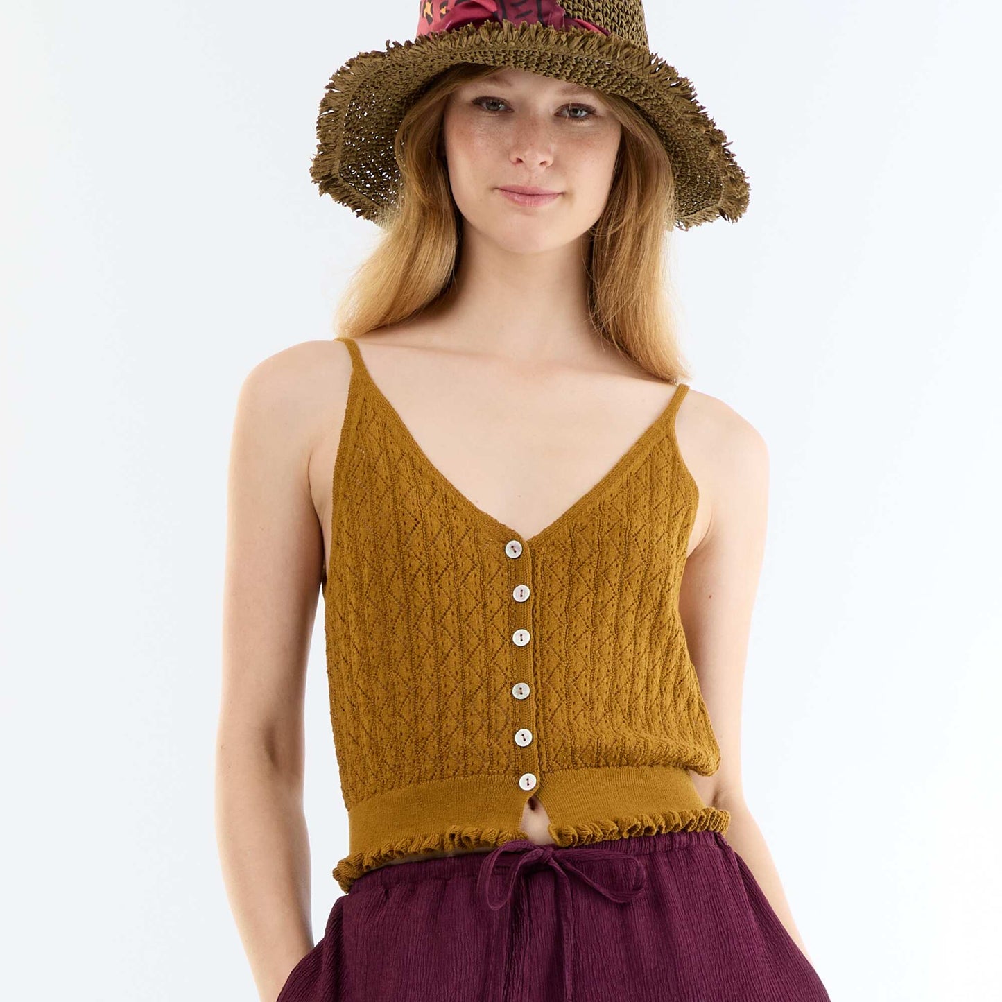 Crochet knit tank top BROWN