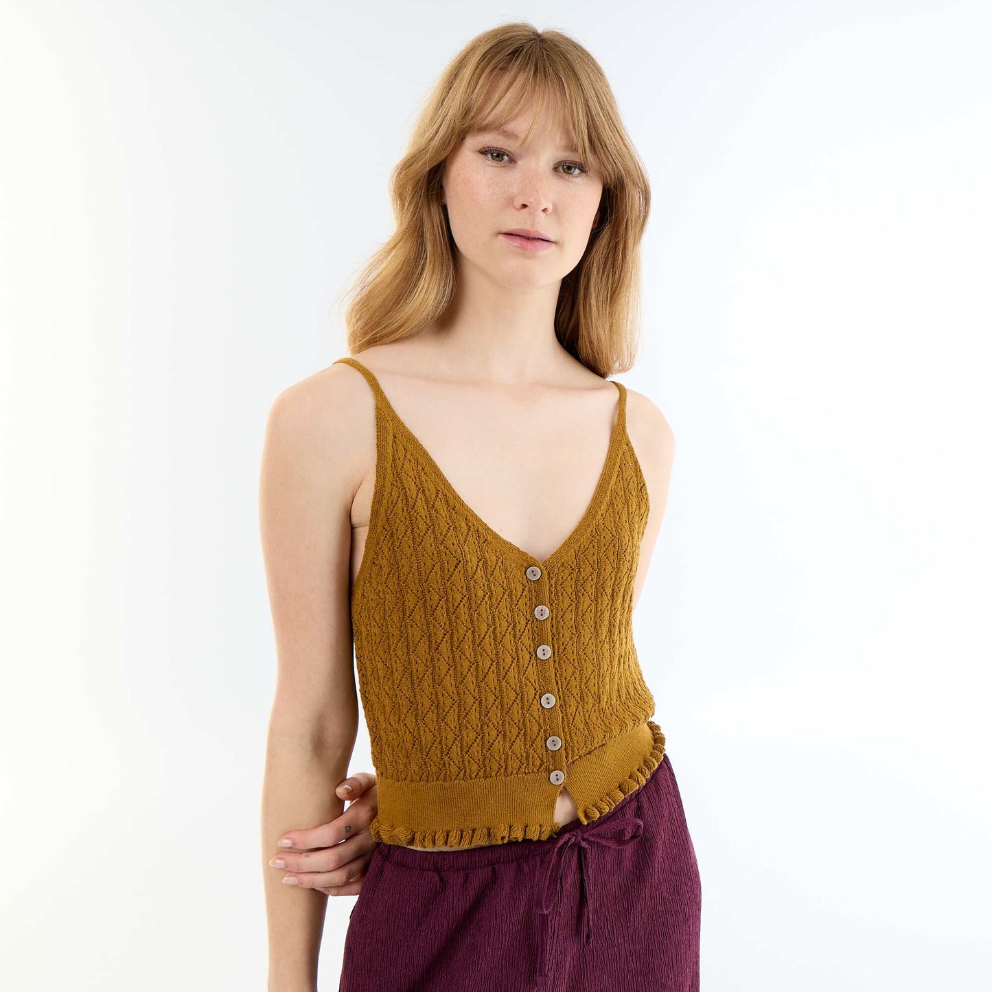 Crochet knit tank top BROWN