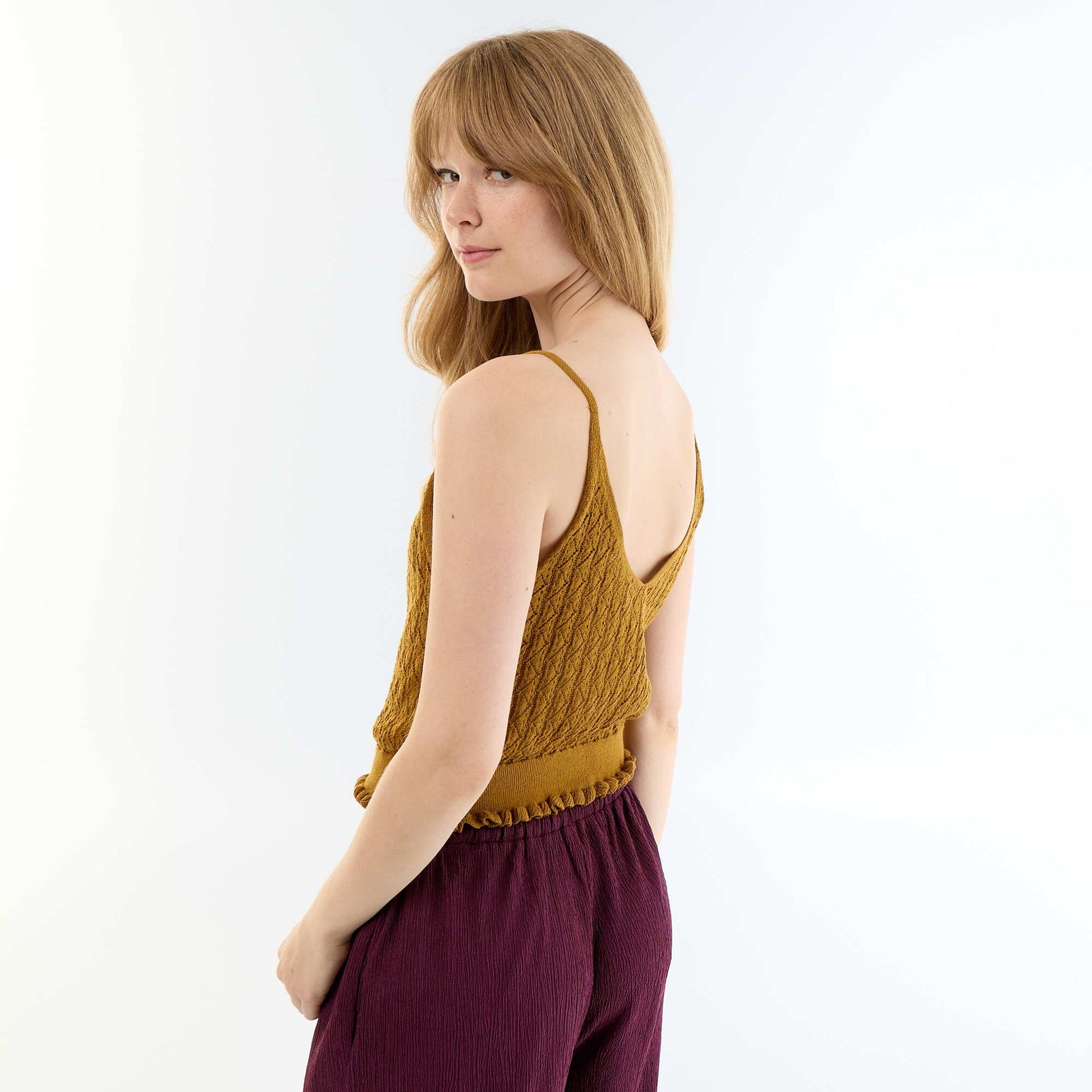 Crochet knit tank top BROWN