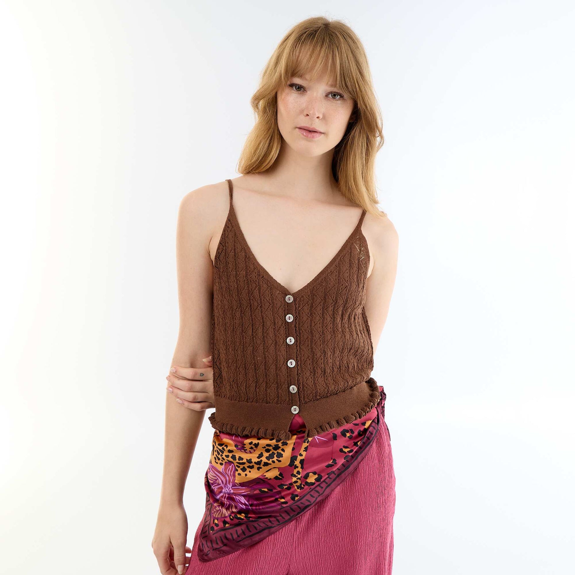 Crochet knit tank top BROWN
