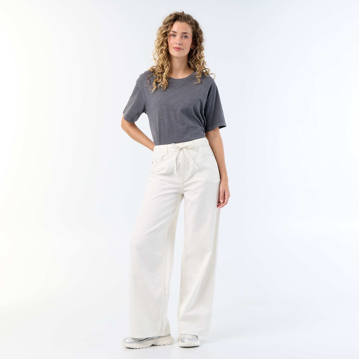 Wide-leg jeans with tie belt BEIGE