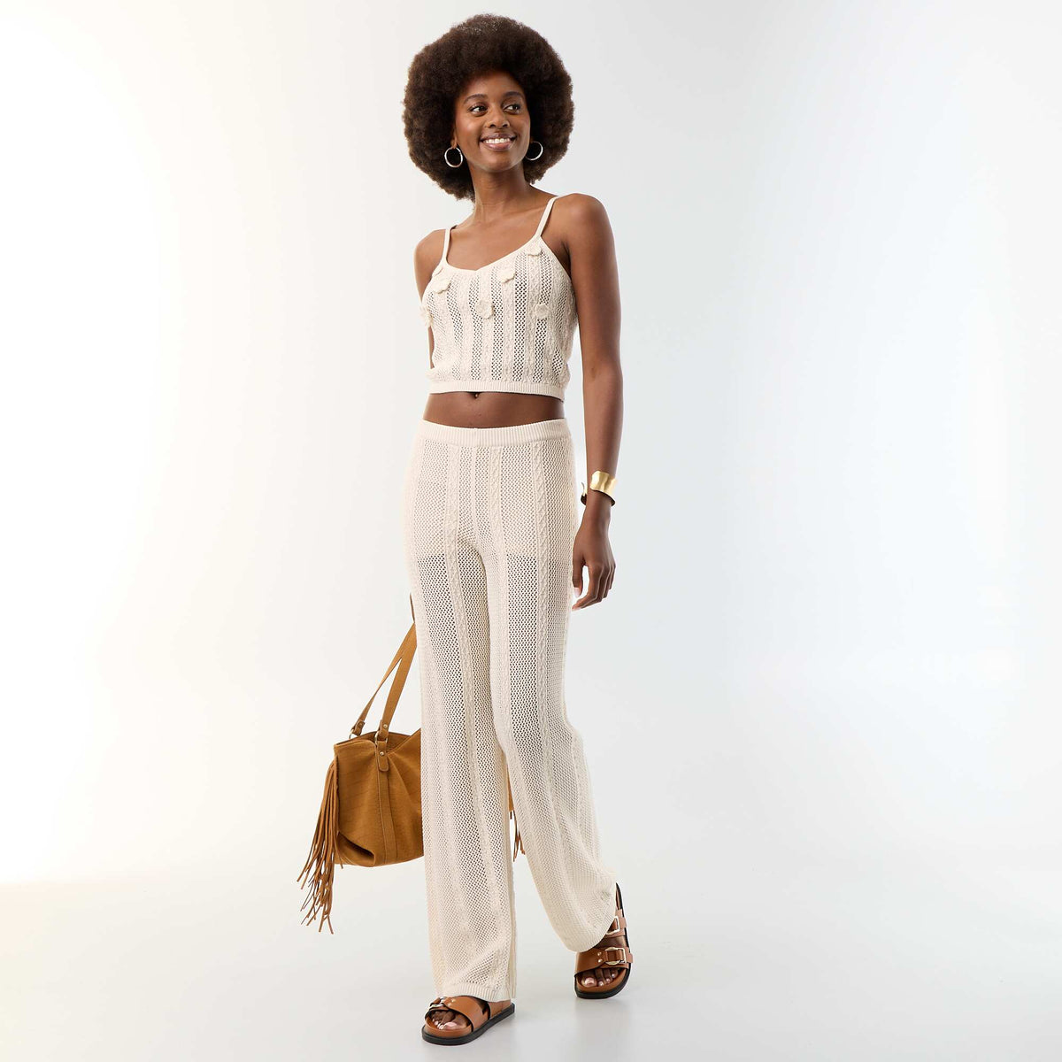 Crocheted tank top with embroidered flowers BEIGE