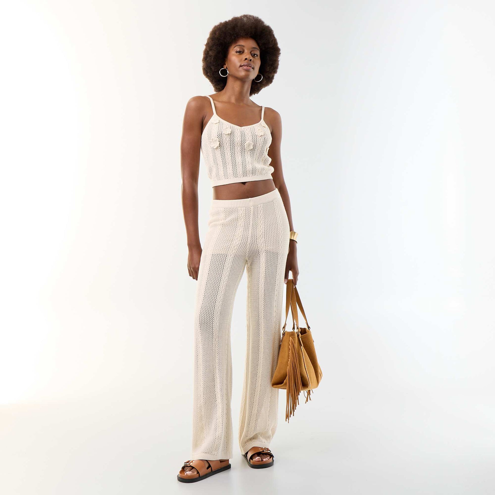 Wide-leg crochet trousers BEIGE
