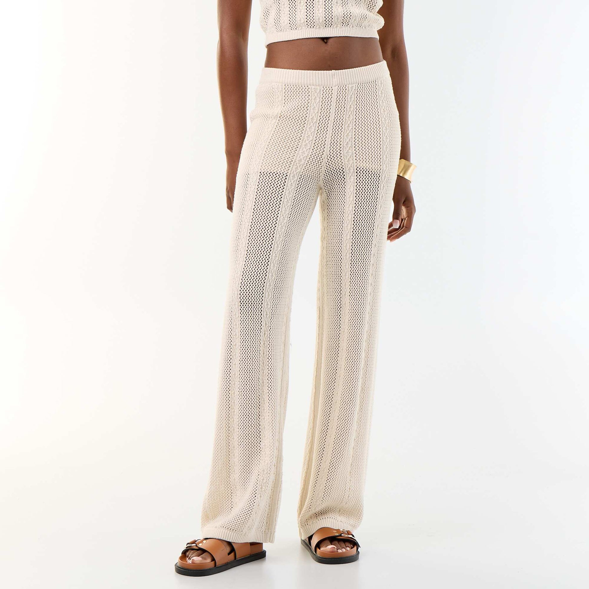 Wide-leg crochet trousers BEIGE