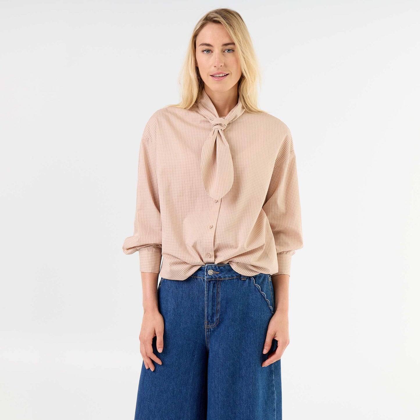 Loose Long-Sleeved Shirt with Pussy-Bow Collar BEIGE