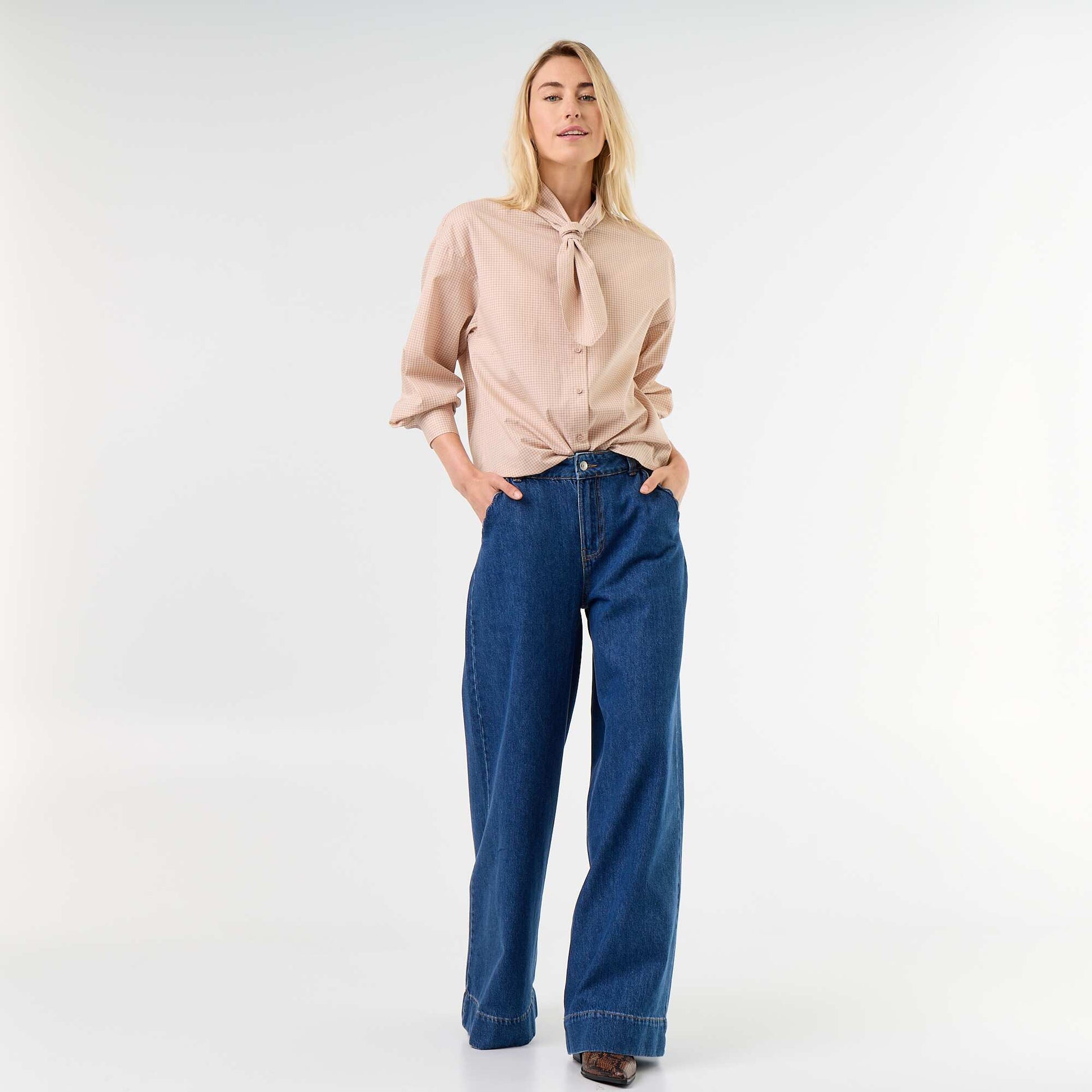 Loose Long-Sleeved Shirt with Pussy-Bow Collar BEIGE