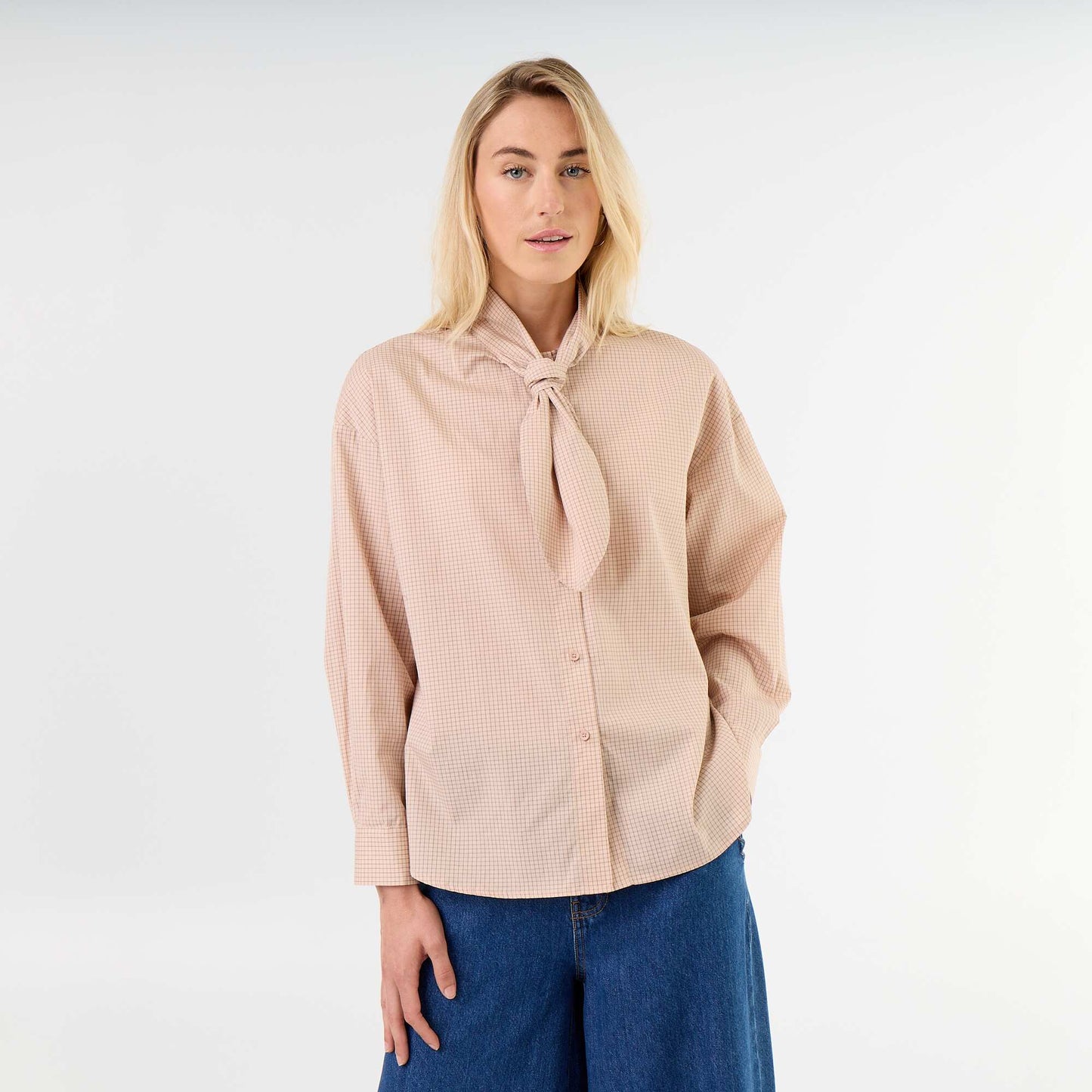 Loose Long-Sleeved Shirt with Pussy-Bow Collar BEIGE
