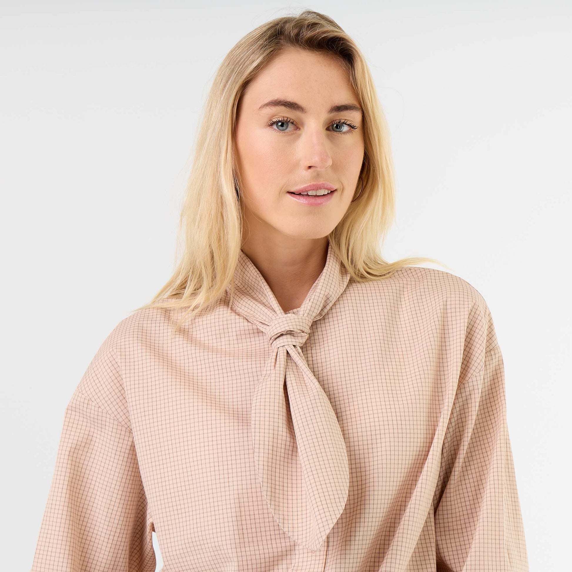 Loose Long-Sleeved Shirt with Pussy-Bow Collar BEIGE