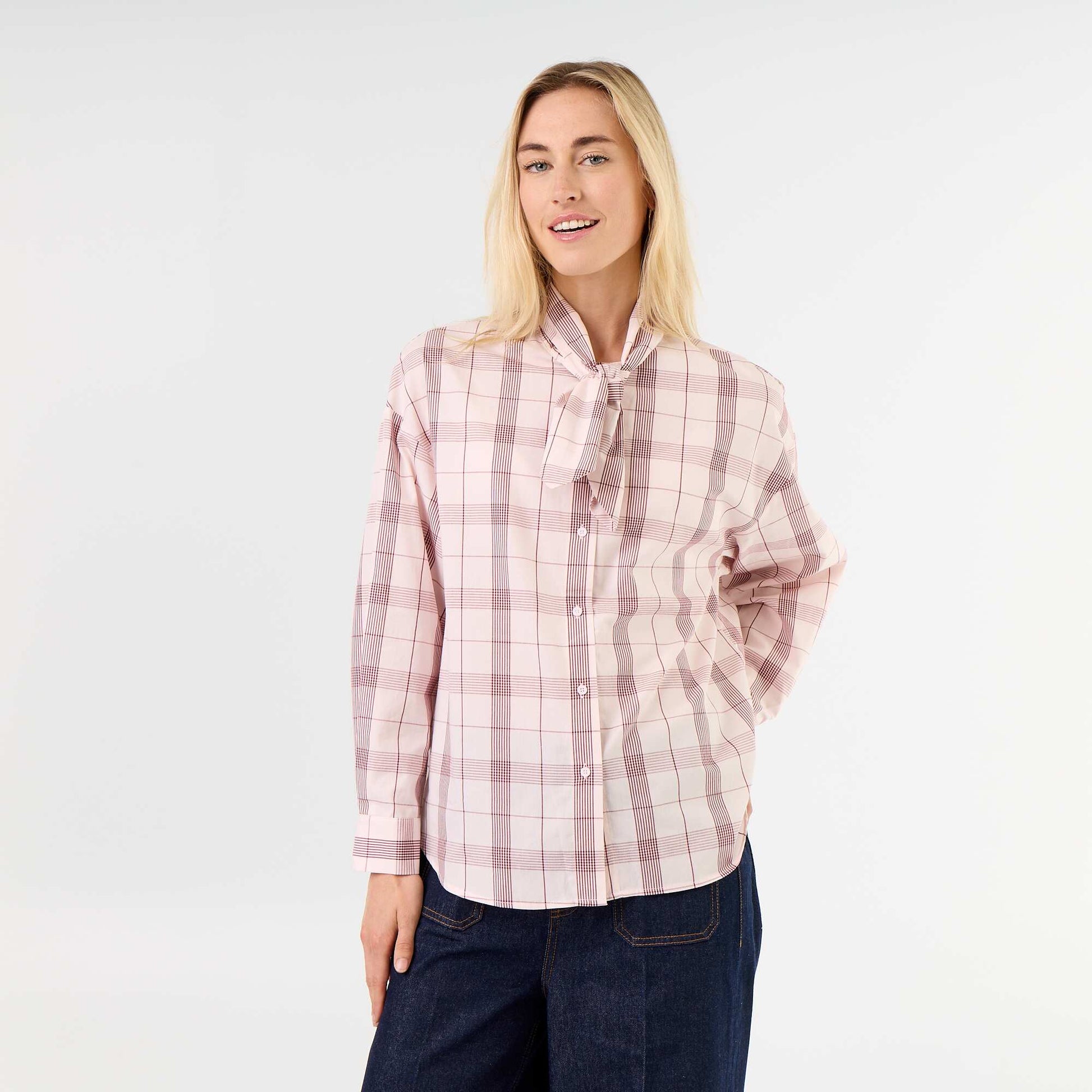 Loose Long-Sleeved Shirt with Pussy-Bow Collar PINK