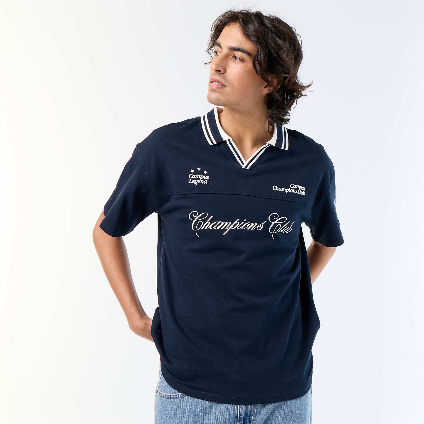 Polo shirt with embroidered lettering and short sleeves BLUE