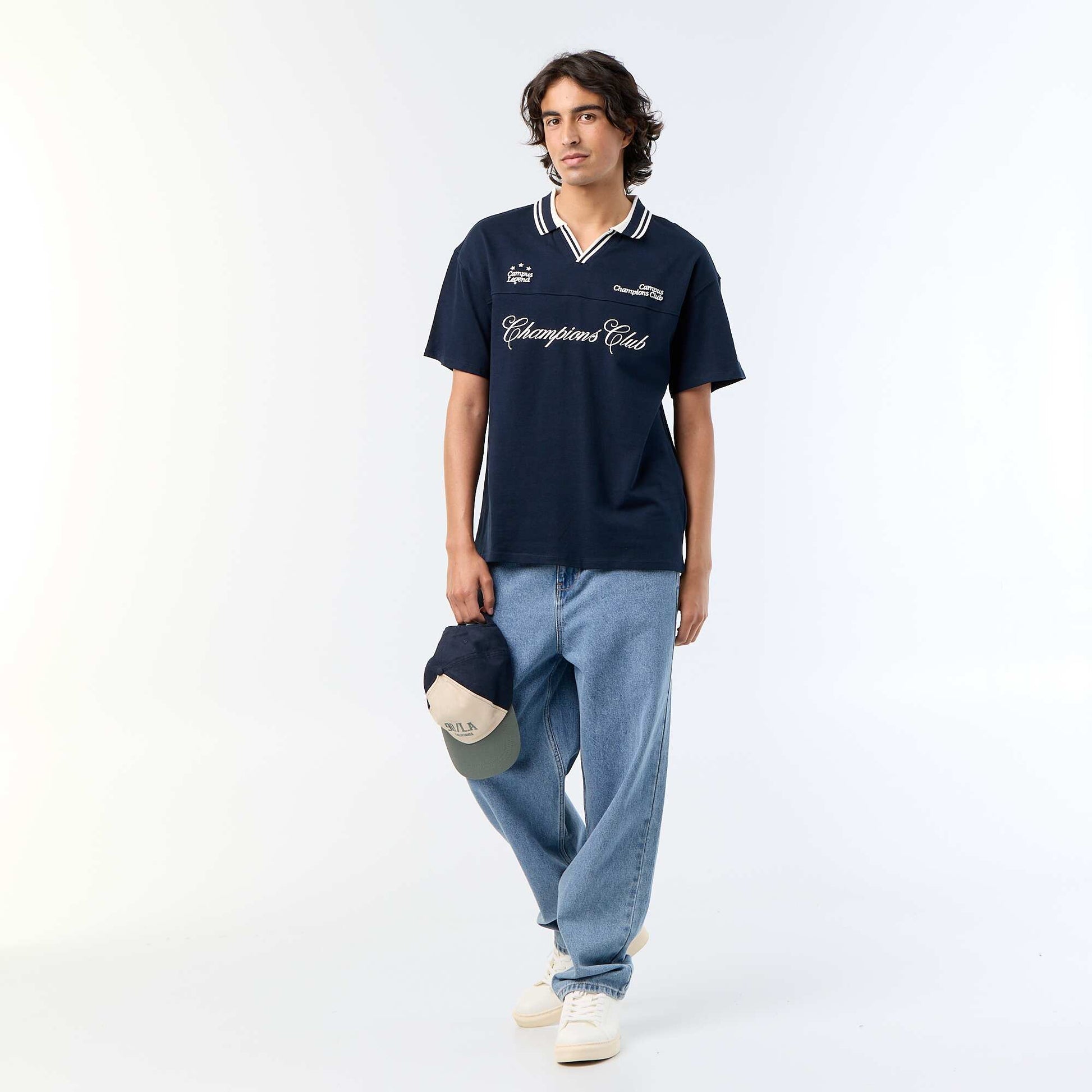 Polo shirt with embroidered lettering and short sleeves BLUE