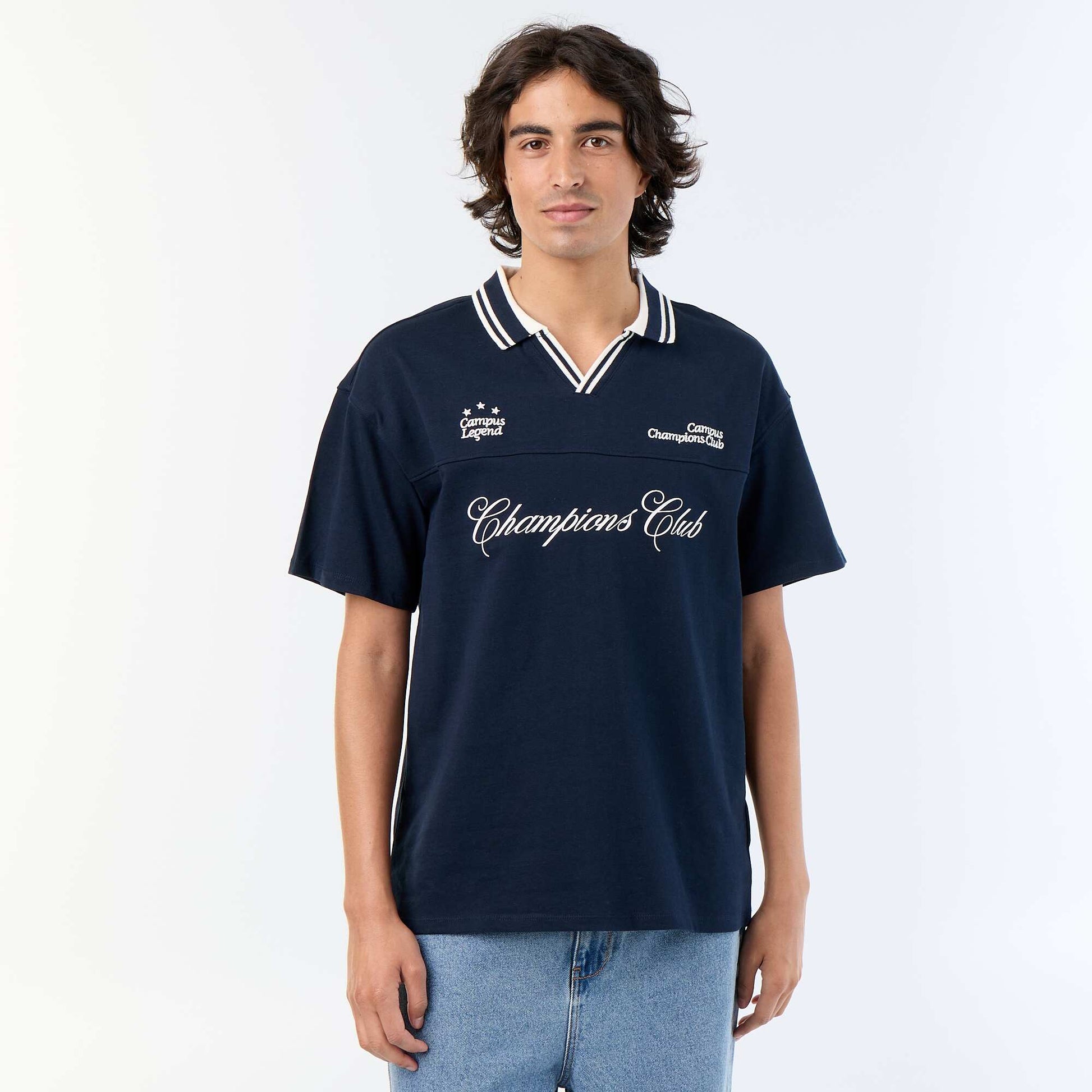 Polo shirt with embroidered lettering and short sleeves BLUE