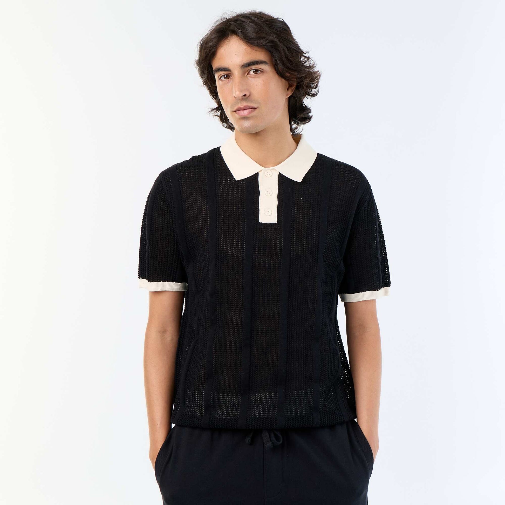 Short-sleeved open-knit polo shirt BLACK