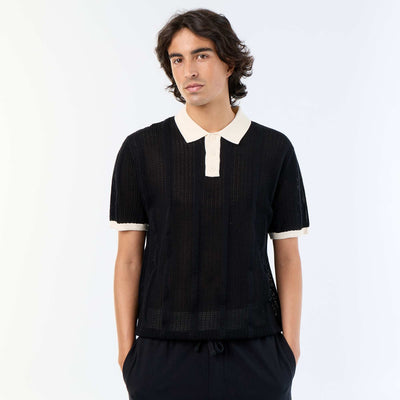 Short-sleeved open-knit polo shirt BLACK