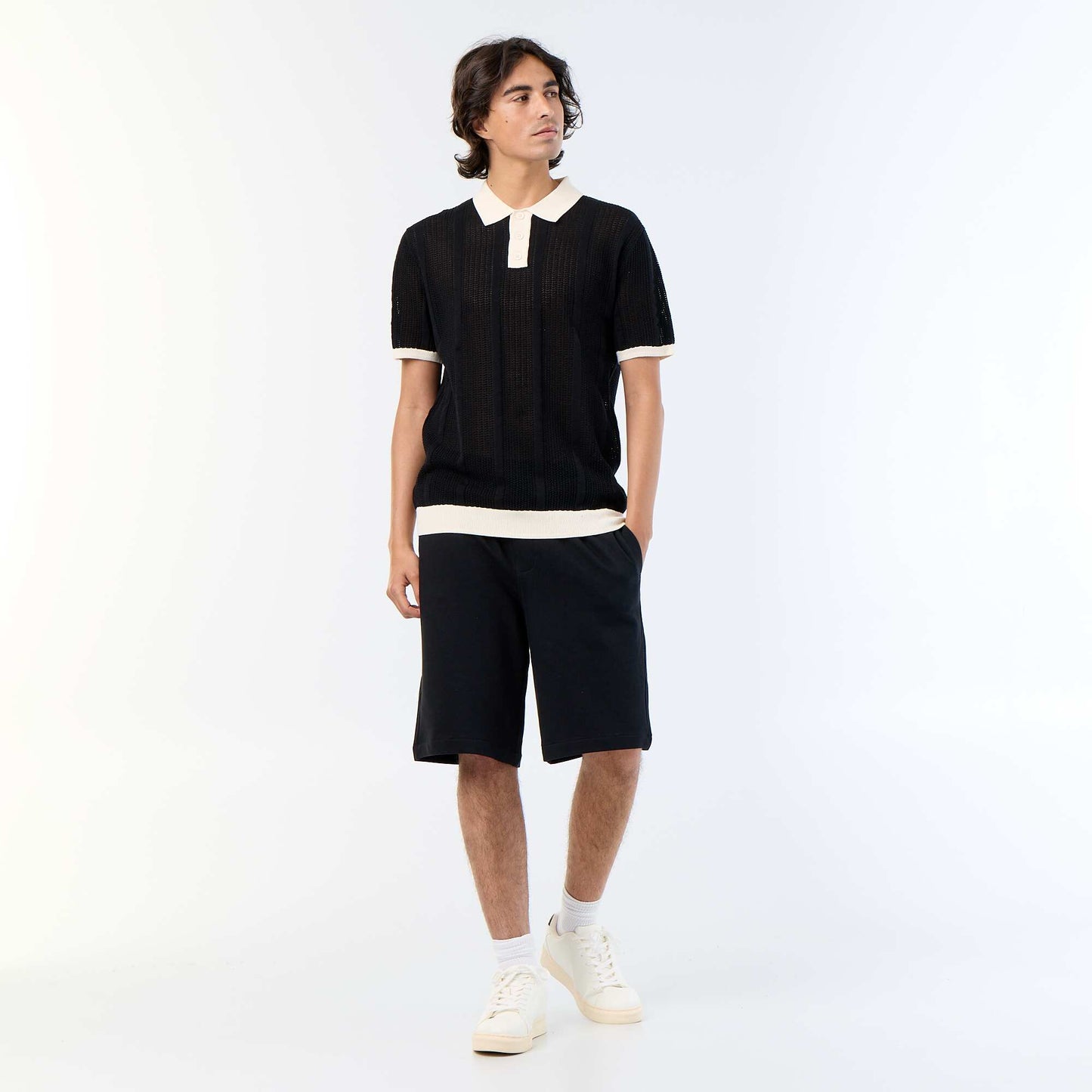 Short-sleeved open-knit polo shirt BLACK