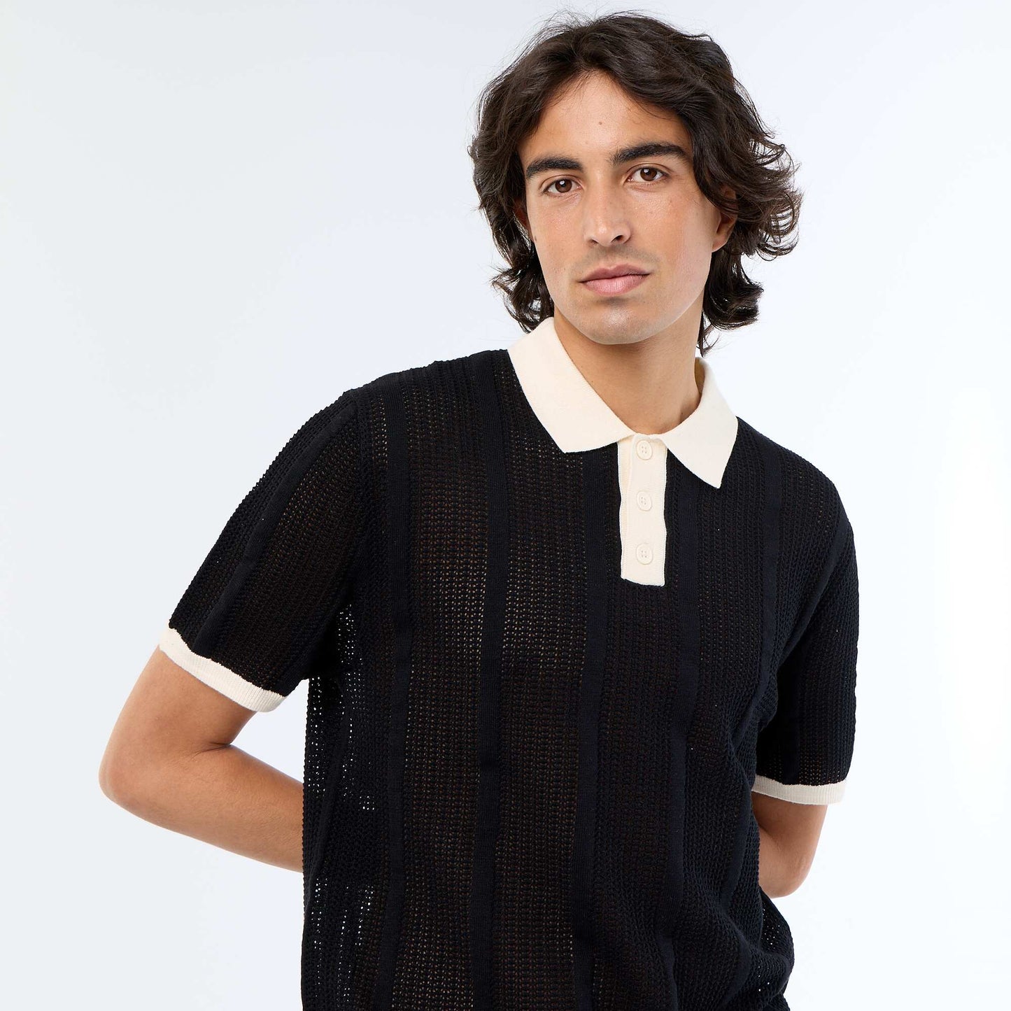 Short-sleeved open-knit polo shirt BLACK