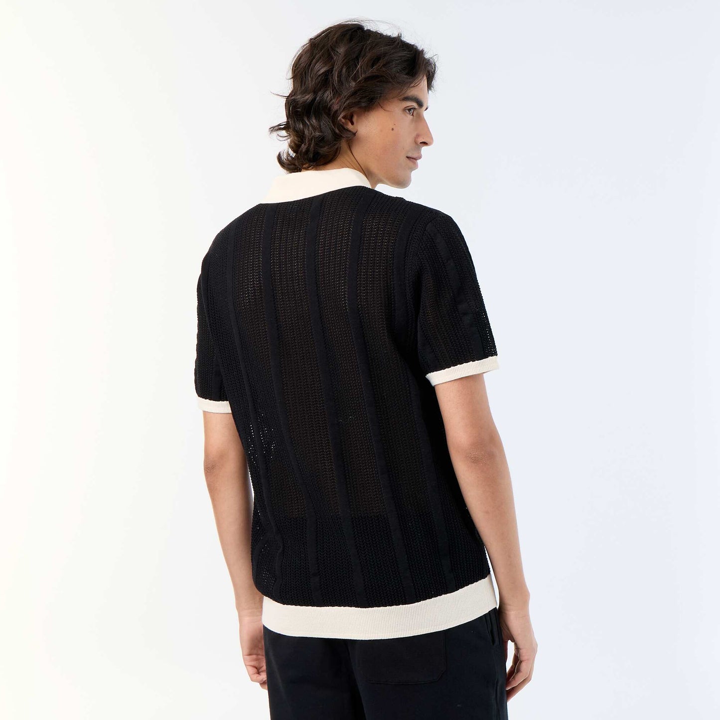 Short-sleeved open-knit polo shirt BLACK
