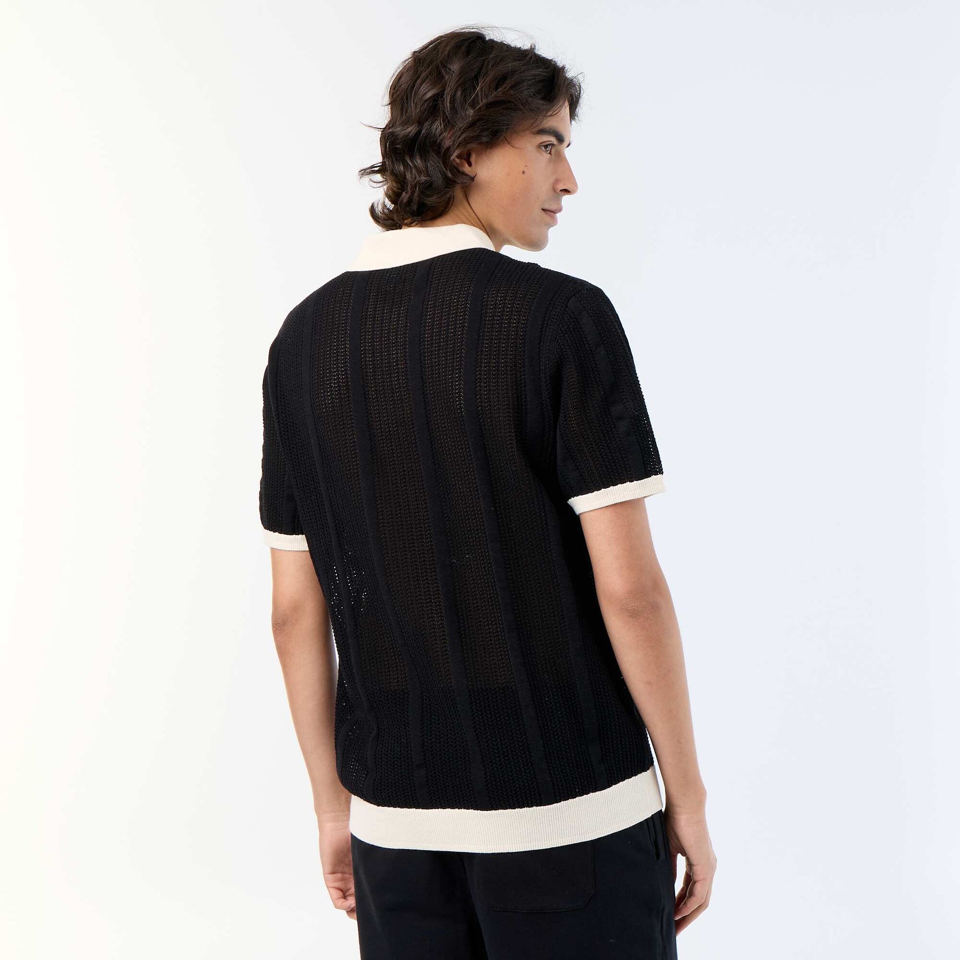 Short-sleeved open-knit polo shirt BLACK