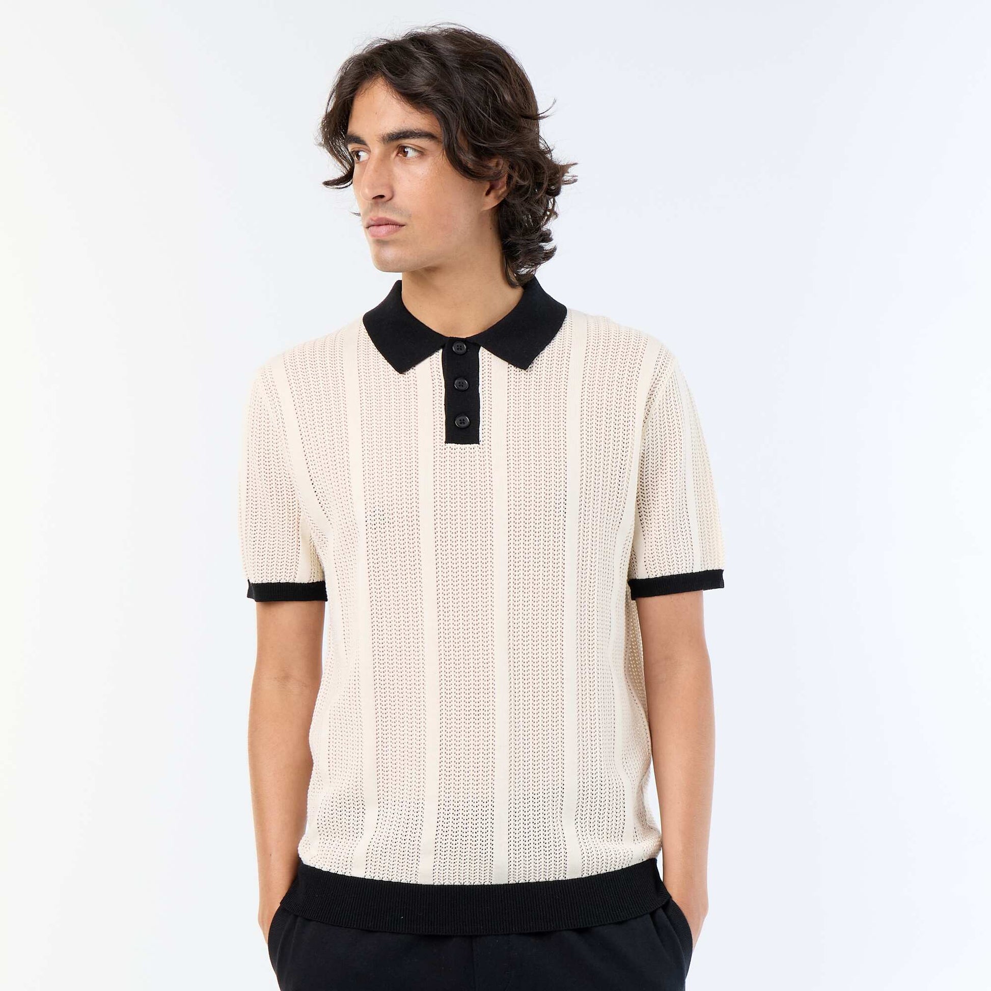 Short-sleeved open-knit polo shirt BEIGE