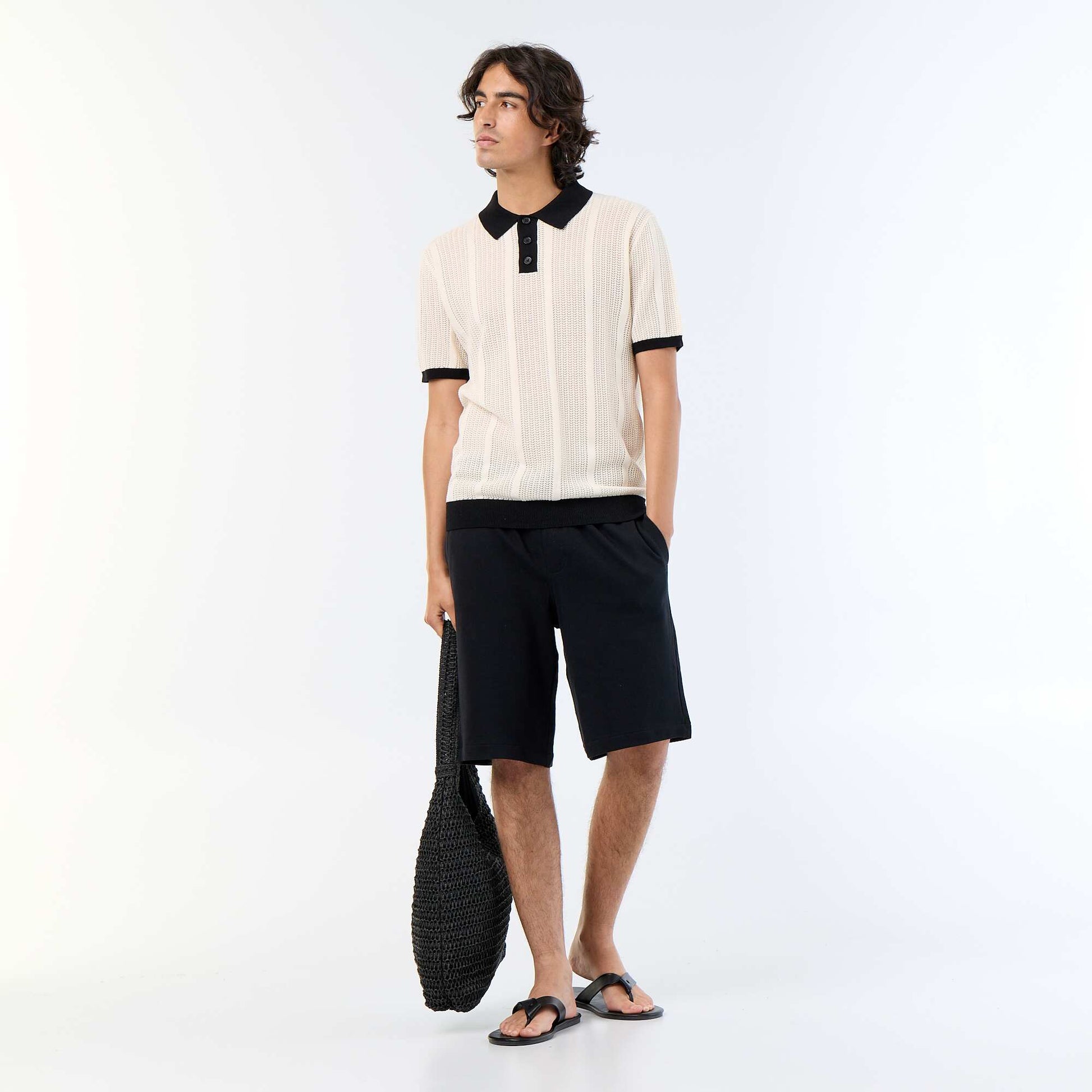 Short-sleeved open-knit polo shirt BEIGE